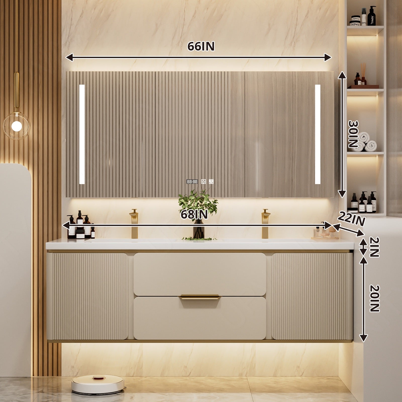 Modern Bath Vanity Set, Beige/Black/Gray/Navy, White Slate Top, 52"-78", Double, Floating, Fluted Panel, Smart LED Mirror, Rear Cabinet