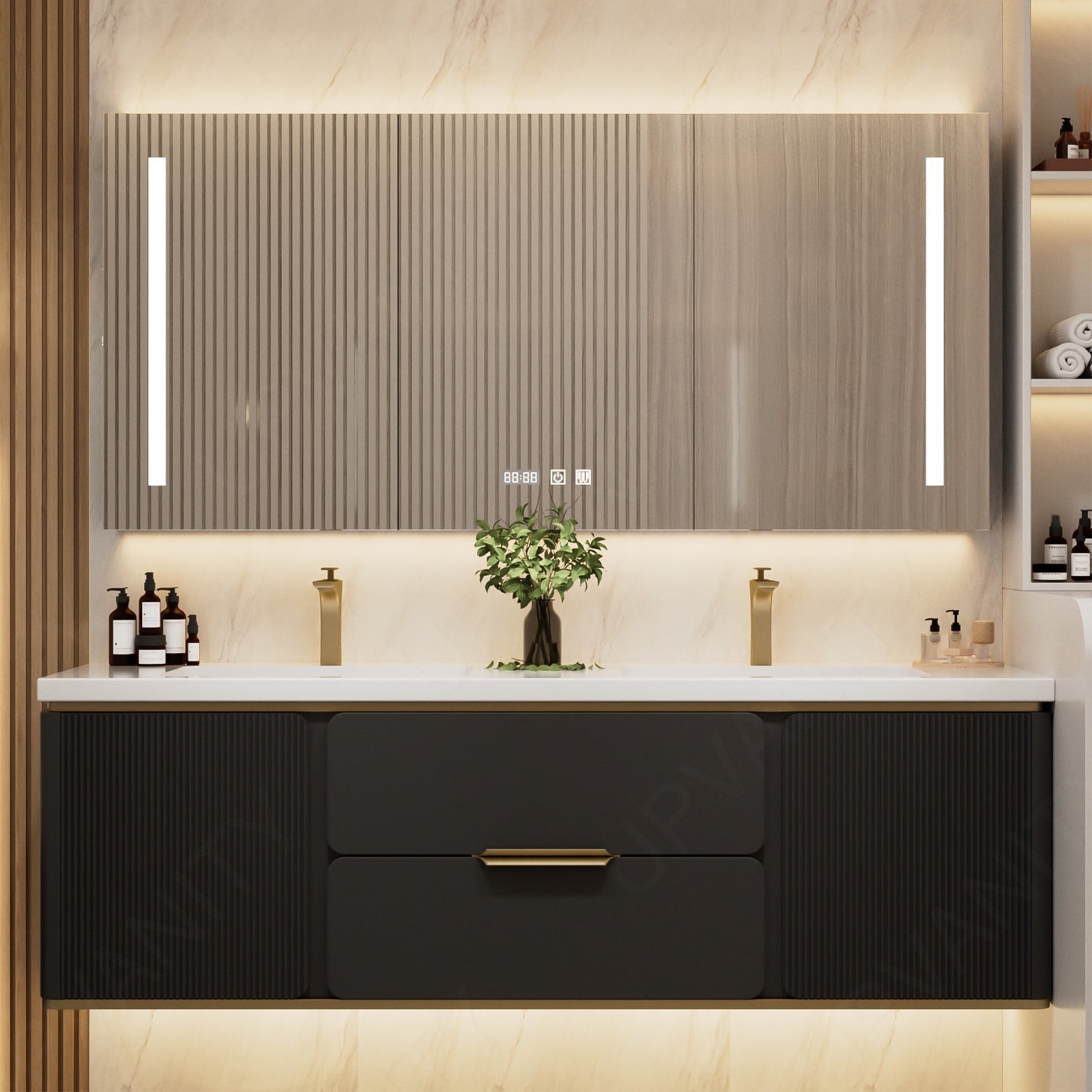 Modern Bath Vanity Set, Beige/Black/Gray/Navy, White Slate Top, 52"-78", Double, Floating, Fluted Panel, Smart LED Mirror, Rear Cabinet