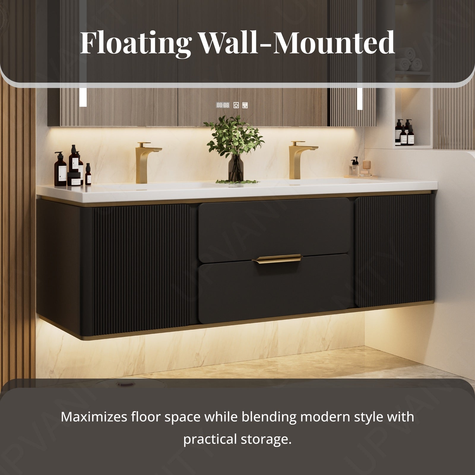Modern Bath Vanity Set, Beige/Black/Gray/Navy, White Slate Top, 52"-78", Double, Floating, Fluted Panel, Smart LED Mirror, Rear Cabinet