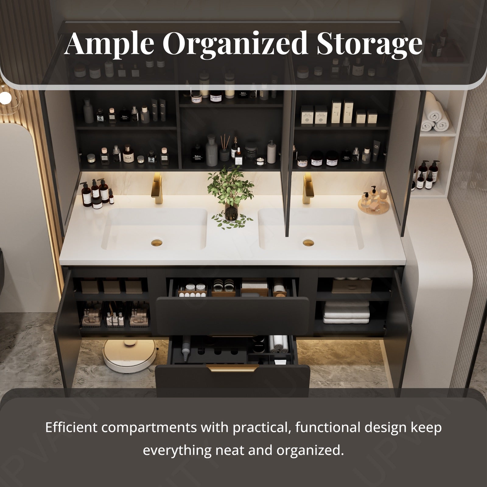 Modern Bath Vanity Set, Beige/Black/Gray/Navy, White Slate Top, 52"-78", Double, Floating, Fluted Panel, Smart LED Mirror, Rear Cabinet