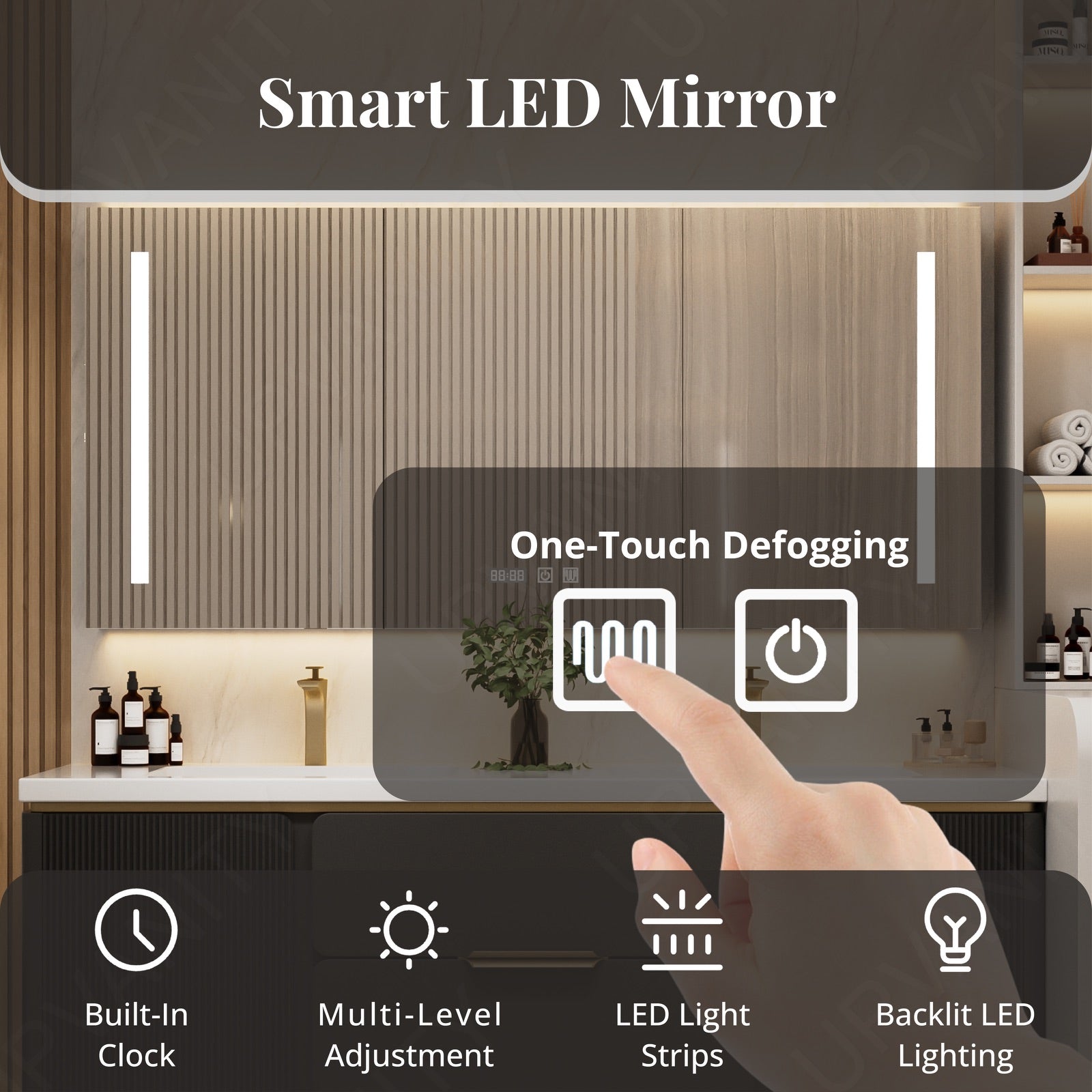 Modern Bath Vanity Set, Beige/Black/Gray/Navy, White Slate Top, 52"-78", Double, Floating, Fluted Panel, Smart LED Mirror, Rear Cabinet