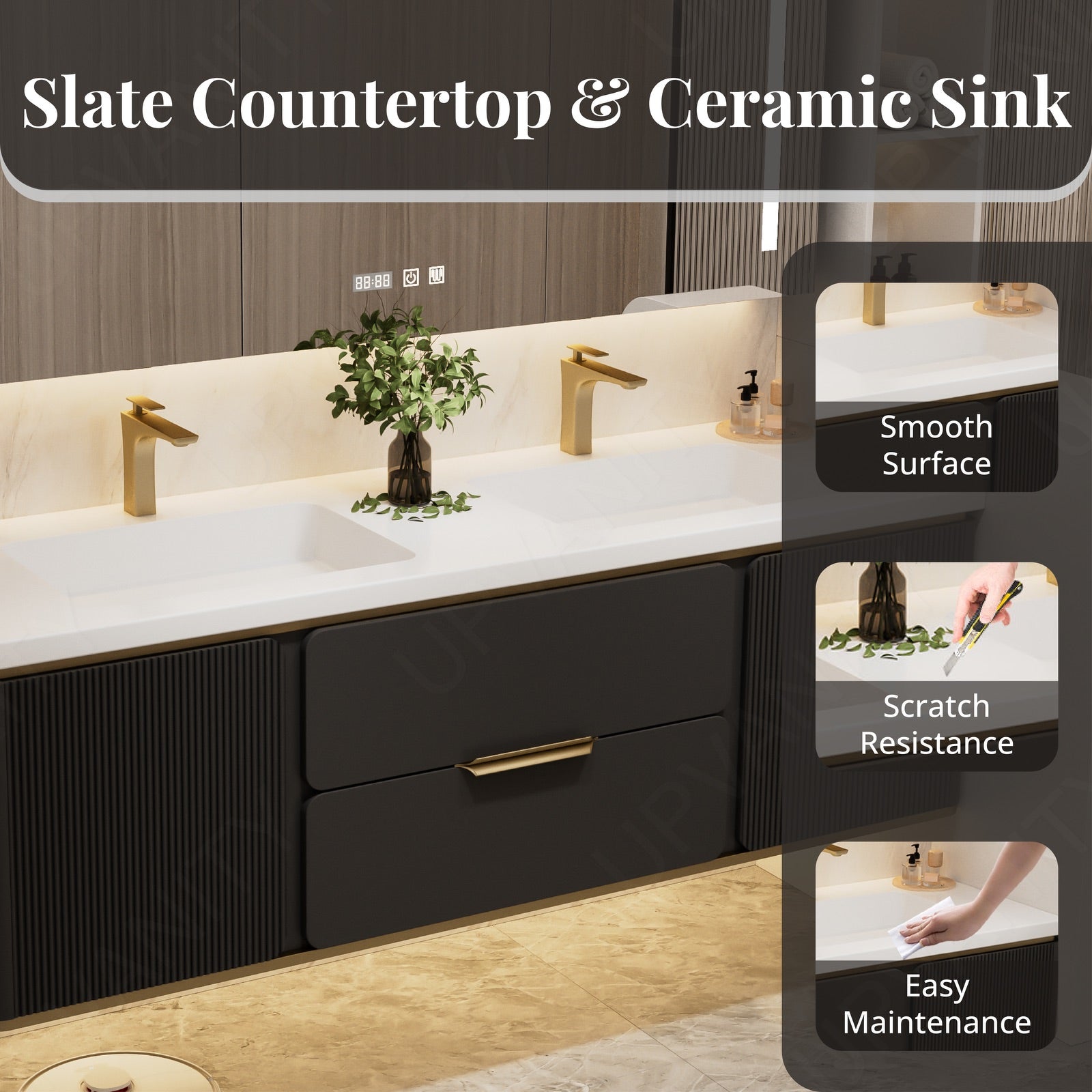 Modern Bath Vanity Set, Beige/Black/Gray/Navy, White Slate Top, 52"-78", Double, Floating, Fluted Panel, Smart LED Mirror, Rear Cabinet