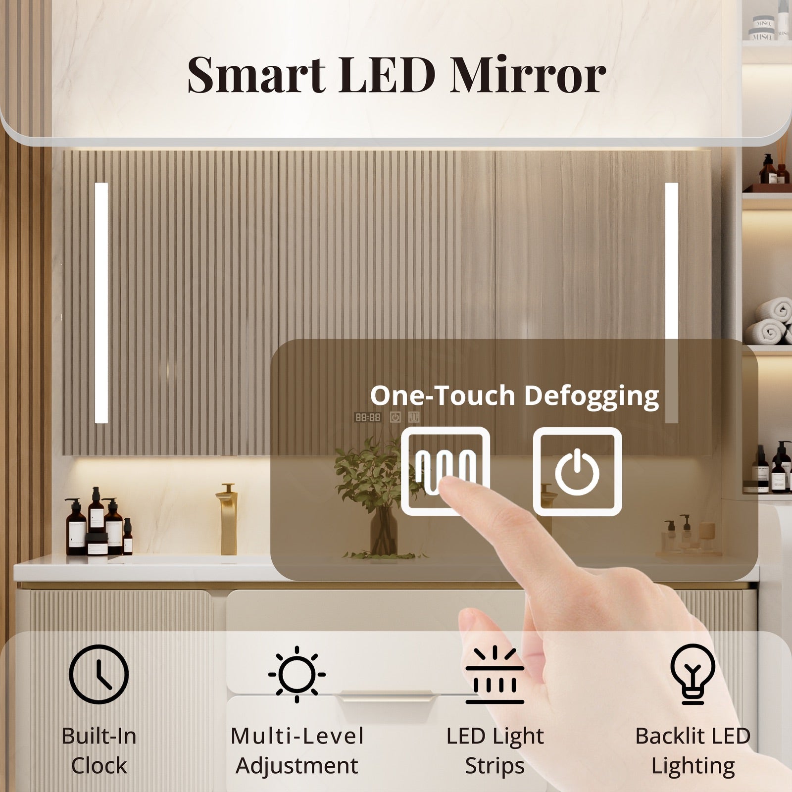 Modern Bath Vanity Set, Beige/Black/Gray/Navy, White Slate Top, 52"-78", Double, Floating, Fluted Panel, Smart LED Mirror, Rear Cabinet