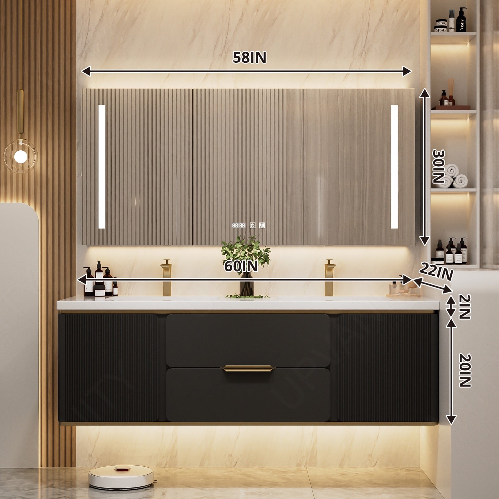 Modern Bath Vanity Set, Beige/Black/Gray/Navy, White Slate Top, 52"-78", Double, Floating, Fluted Panel, Smart LED Mirror, Rear Cabinet