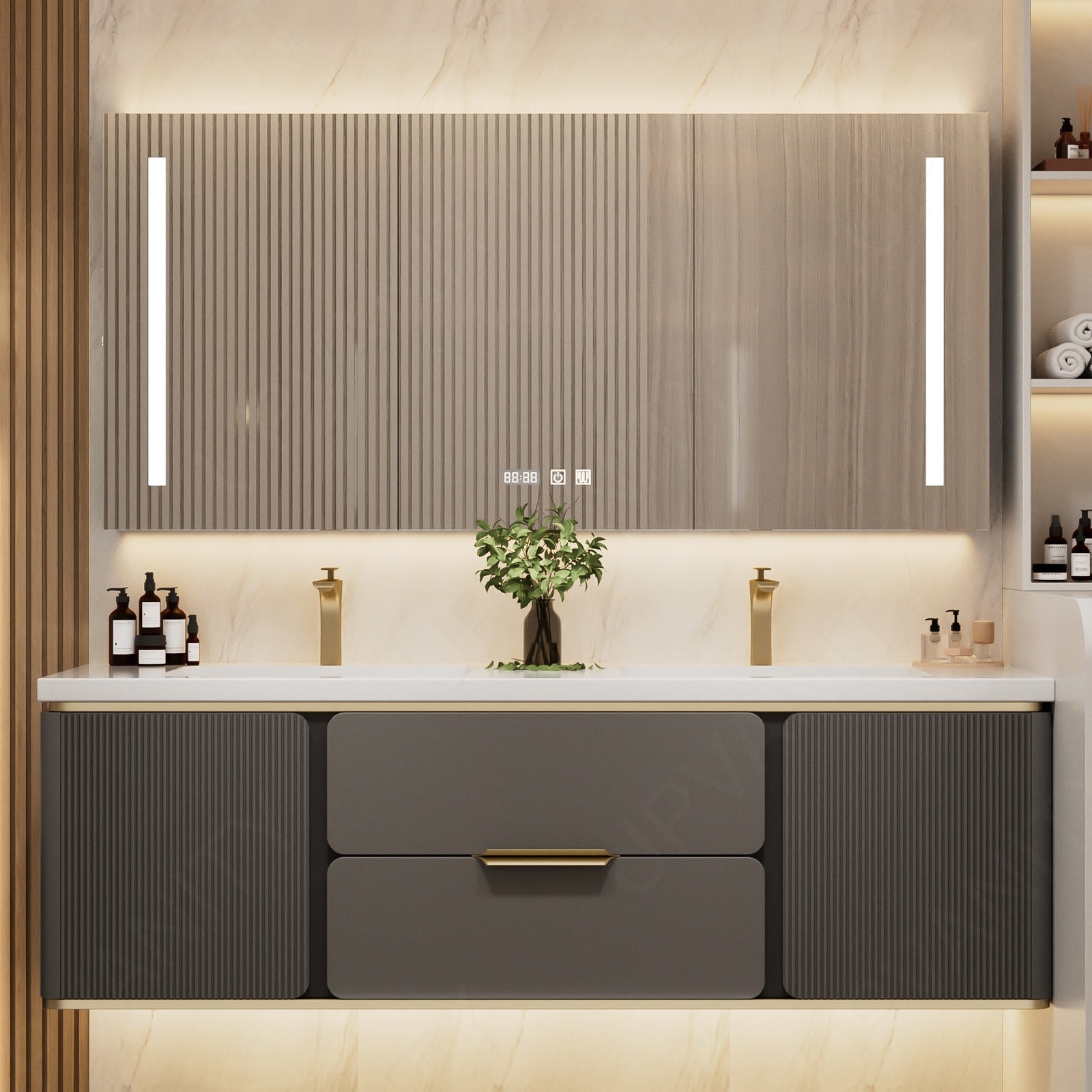 Modern Bath Vanity Set, Beige/Black/Gray/Navy, White Slate Top, 52"-78", Double, Floating, Fluted Panel, Smart LED Mirror, Rear Cabinet