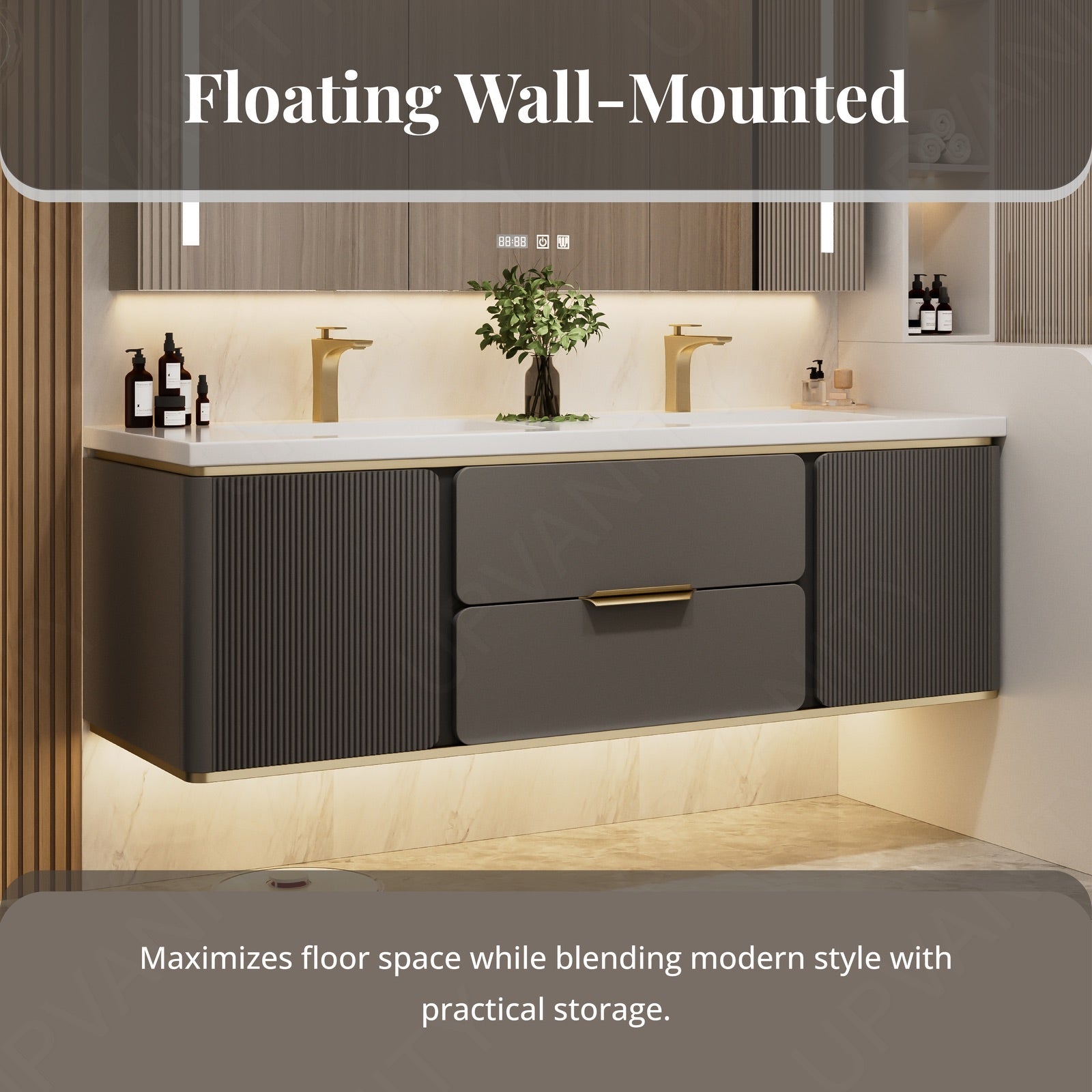 Modern Bath Vanity Set, Beige/Black/Gray/Navy, White Slate Top, 52"-78", Double, Floating, Fluted Panel, Smart LED Mirror, Rear Cabinet