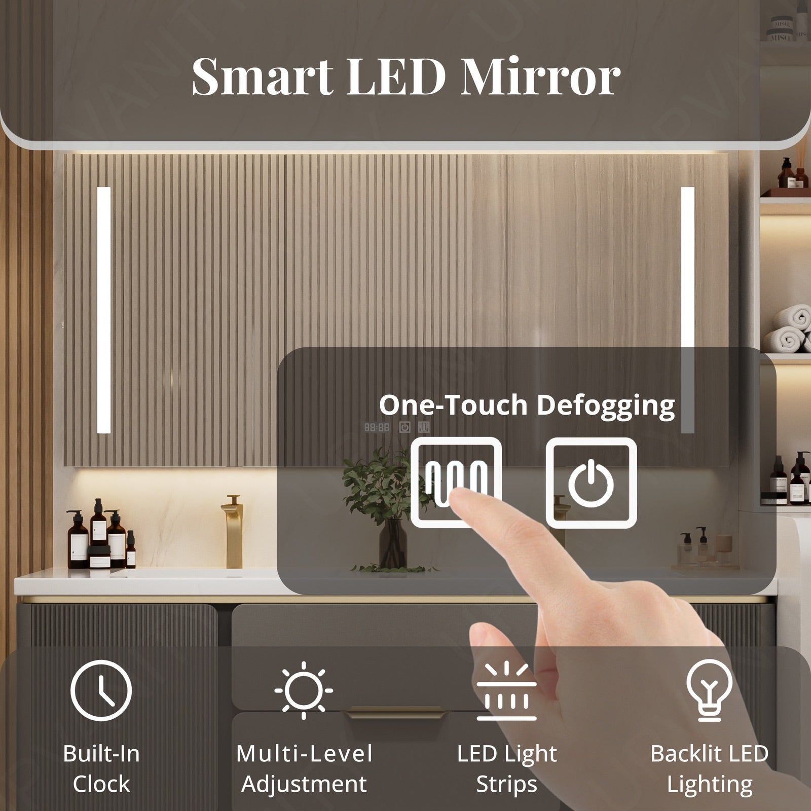 Modern Bath Vanity Set, Beige/Black/Gray/Navy, White Slate Top, 52"-78", Double, Floating, Fluted Panel, Smart LED Mirror, Rear Cabinet