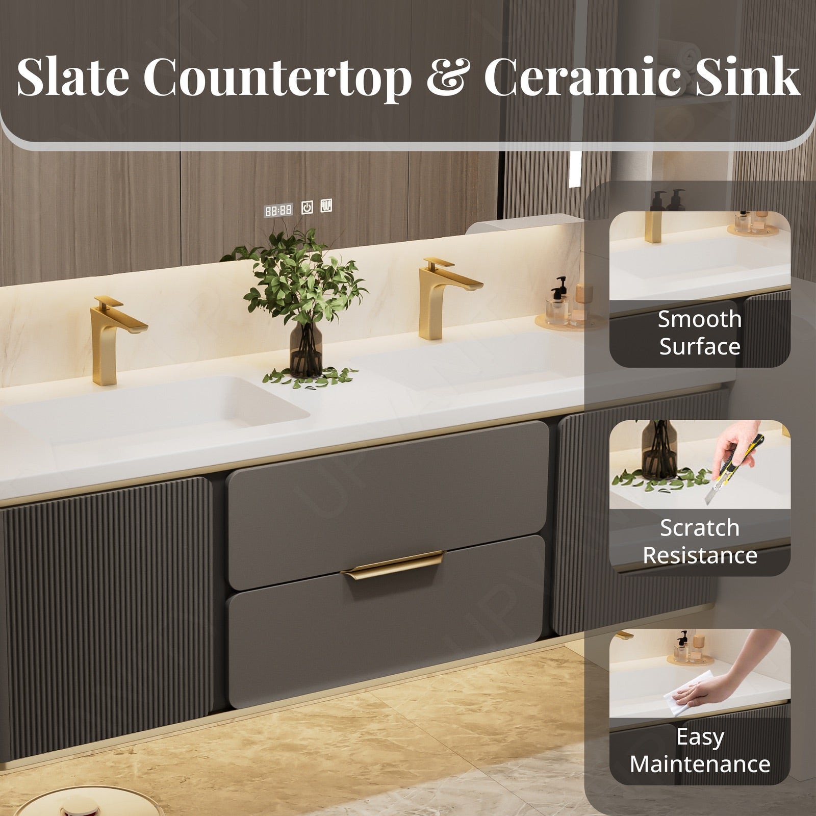 Modern Bath Vanity Set, Beige/Black/Gray/Navy, White Slate Top, 52"-78", Double, Floating, Fluted Panel, Smart LED Mirror, Rear Cabinet