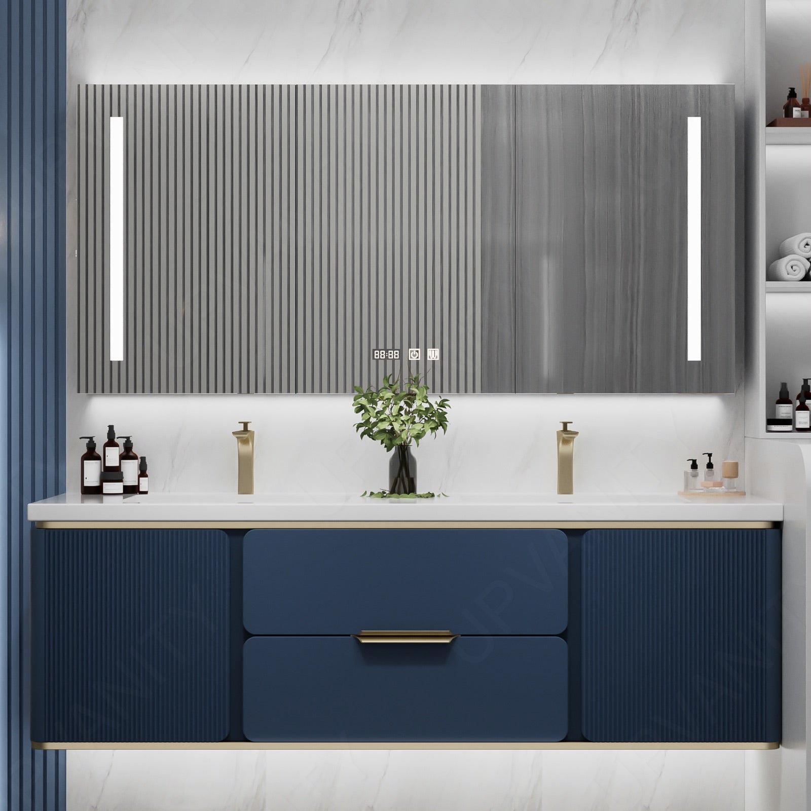 Modern Bath Vanity Set, Beige/Black/Gray/Navy, White Slate Top, 52"-78", Double, Floating, Fluted Panel, Smart LED Mirror, Rear Cabinet