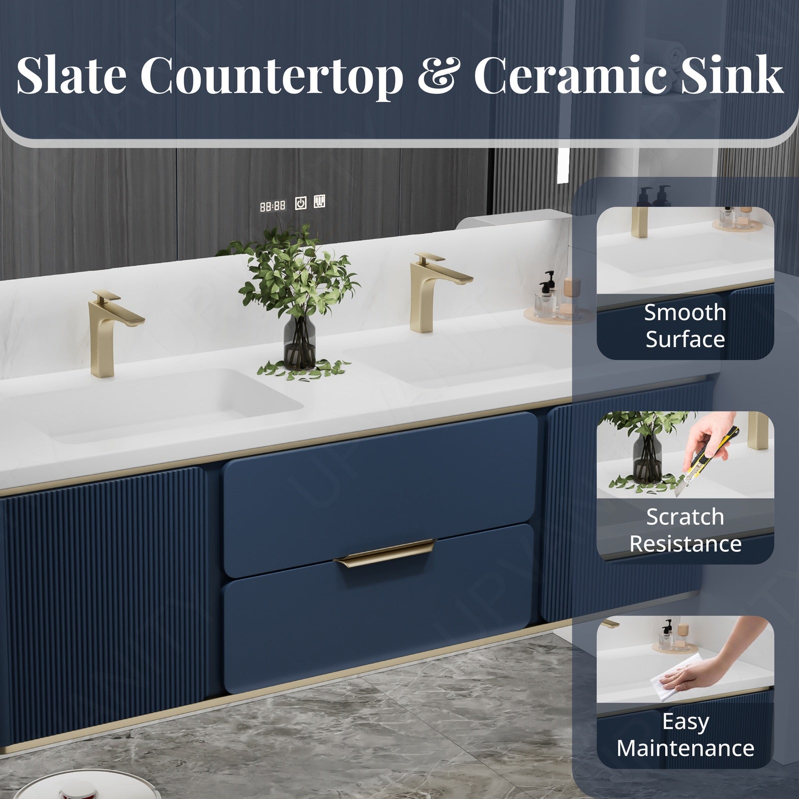 Modern Bath Vanity Set, Beige/Black/Gray/Navy, White Slate Top, 52"-78", Double, Floating, Fluted Panel, Smart LED Mirror, Rear Cabinet