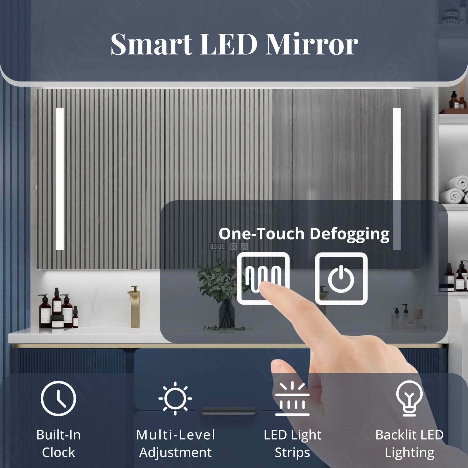 Modern Bath Vanity Set, Beige/Black/Gray/Navy, White Slate Top, 52"-78", Double, Floating, Fluted Panel, Smart LED Mirror, Rear Cabinet