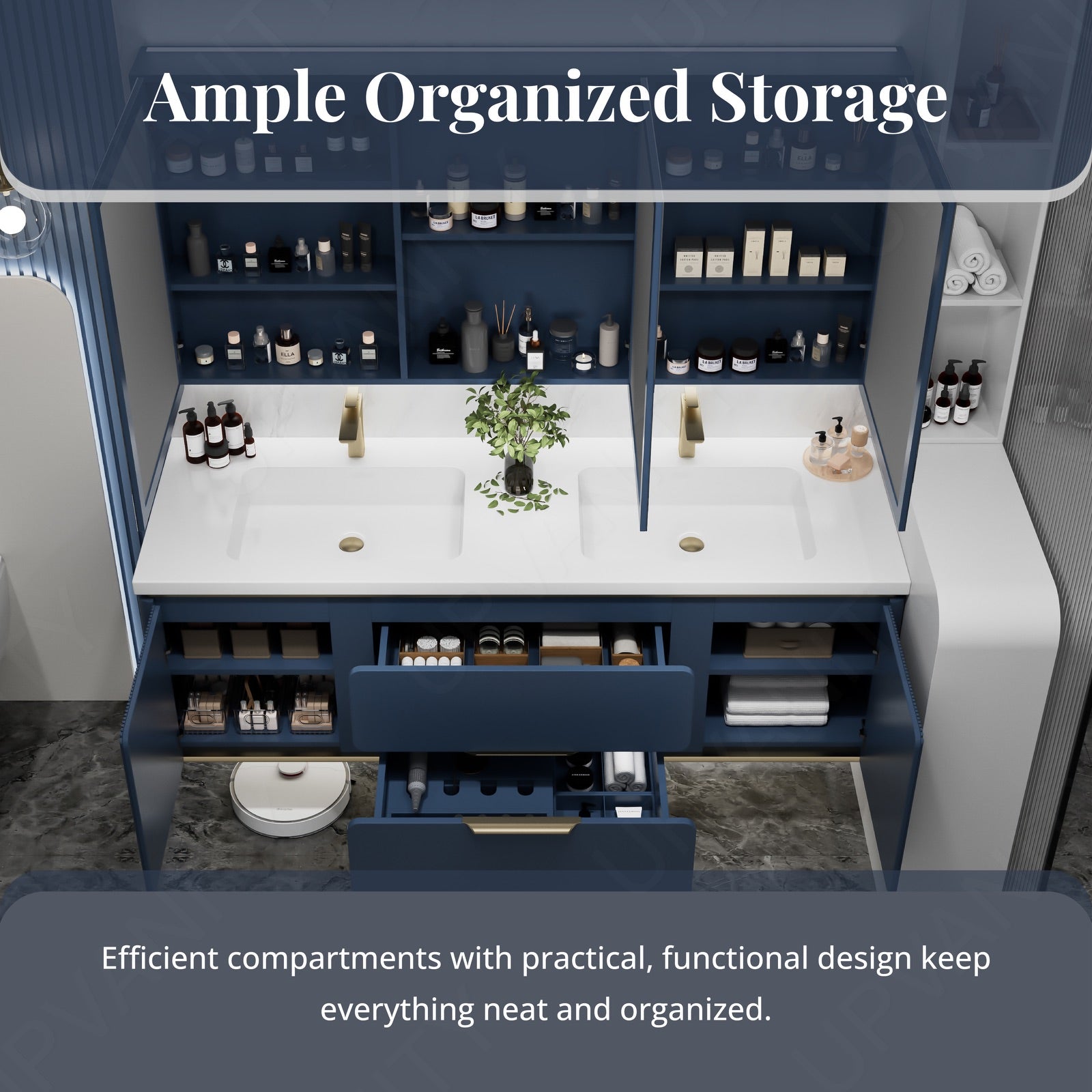 Modern Bath Vanity Set, Beige/Black/Gray/Navy, White Slate Top, 52"-78", Double, Floating, Fluted Panel, Smart LED Mirror, Rear Cabinet