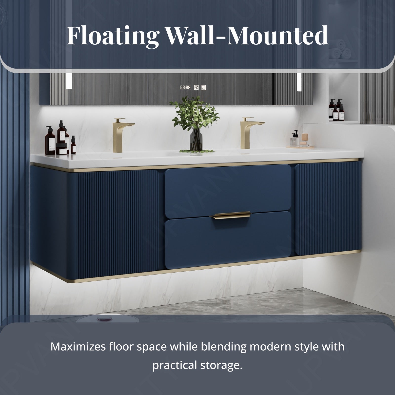 Modern Bath Vanity Set, Beige/Black/Gray/Navy, White Slate Top, 52"-78", Double, Floating, Fluted Panel, Smart LED Mirror, Rear Cabinet