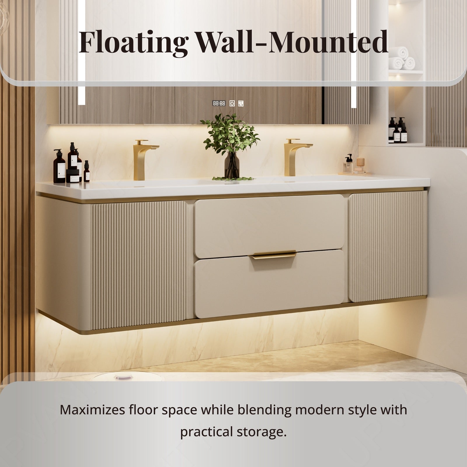 Modern Bath Vanity Set, Beige/Black/Gray/Navy, White Slate Top, 52"-78", Double, Floating, Fluted Panel, Smart LED Mirror, Rear Cabinet