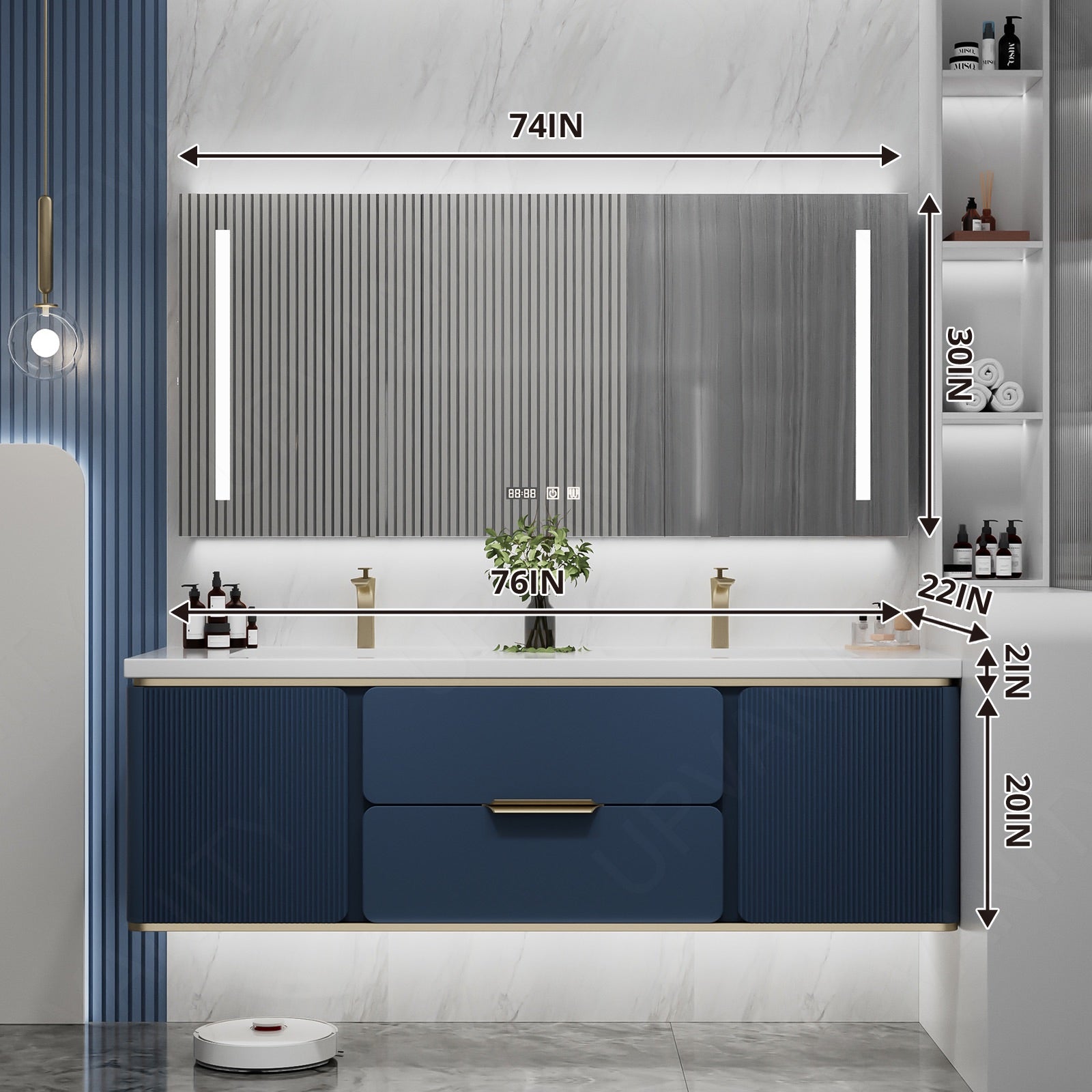 Modern Bath Vanity Set, Beige/Black/Gray/Navy, White Slate Top, 52"-78", Double, Floating, Fluted Panel, Smart LED Mirror, Rear Cabinet