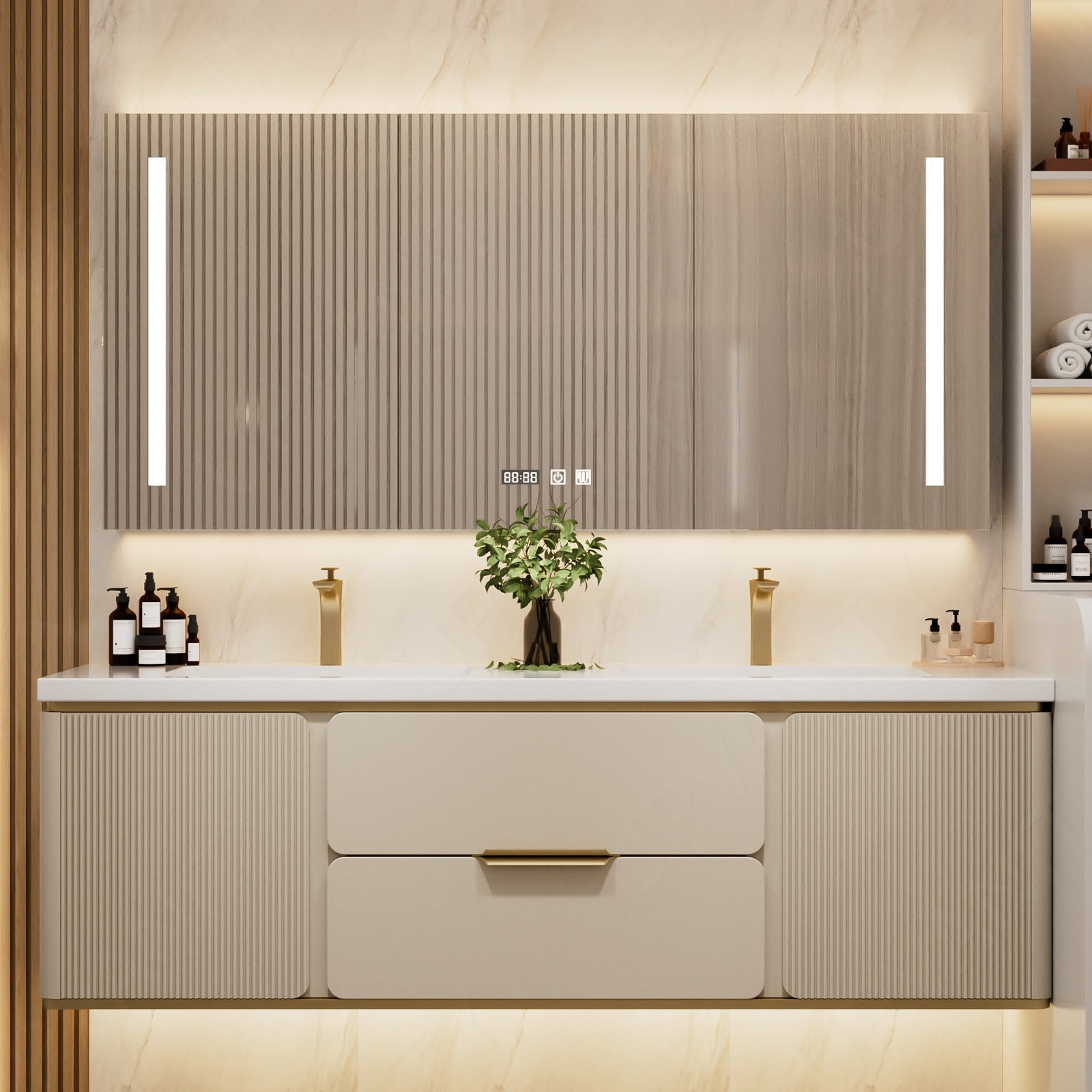 Modern Bath Vanity Set, Beige/Black/Gray/Navy, White Slate Top, 52"-78", Double, Floating, Fluted Panel, Smart LED Mirror, Rear Cabinet