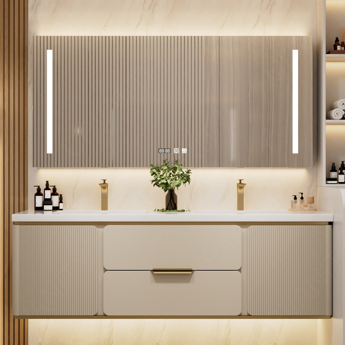Modern Bath Vanity Set, Beige/Black/Gray/Navy, White Slate Top, 52"-78", Double, Floating, Fluted Panel, Smart LED Mirror, Rear Cabinet