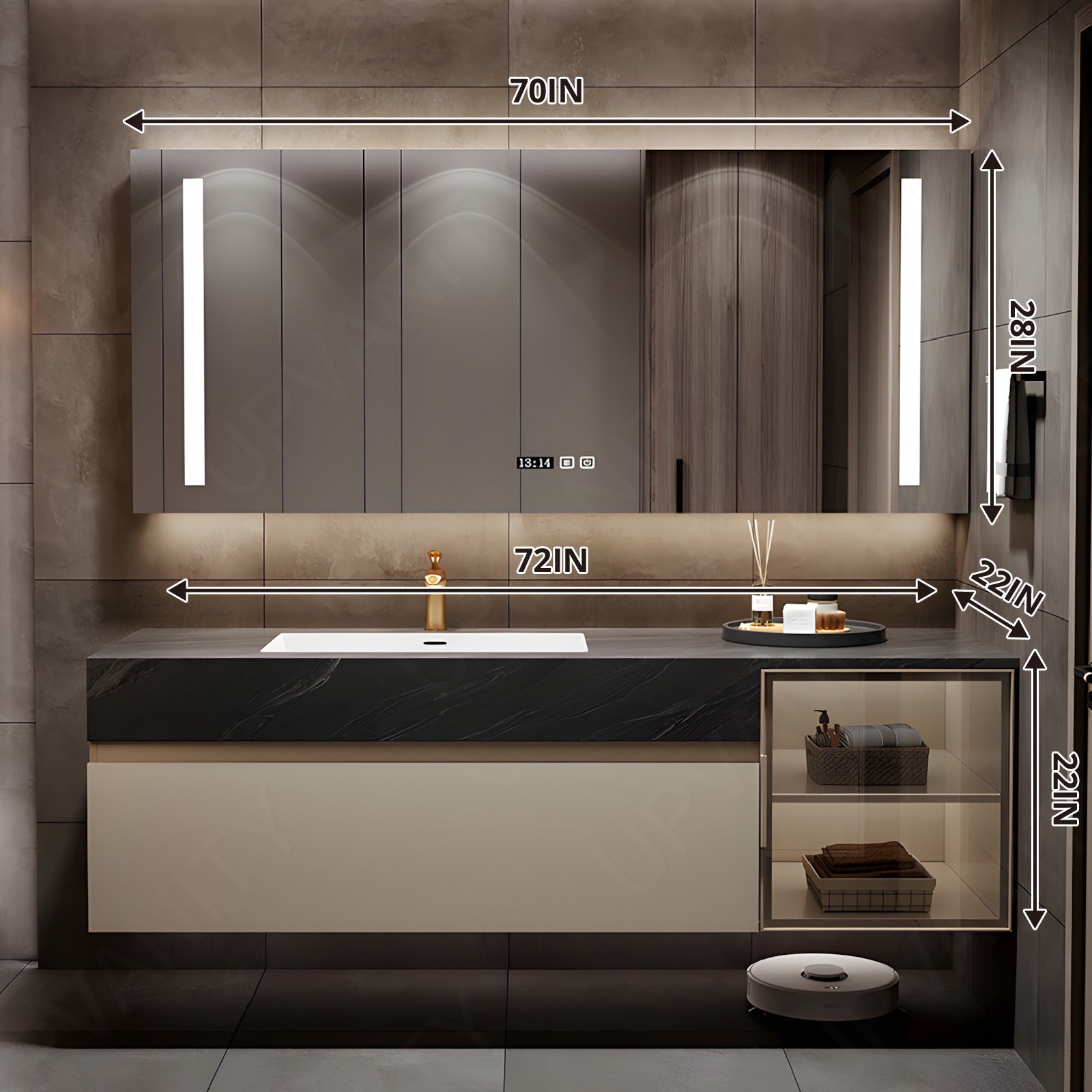 Modern Bath Vanity Set, Beige, Black Marble Textured Top, Glass Door, 56"-78", Single, Floating, Smart LED Mirror, Rear Cabinet