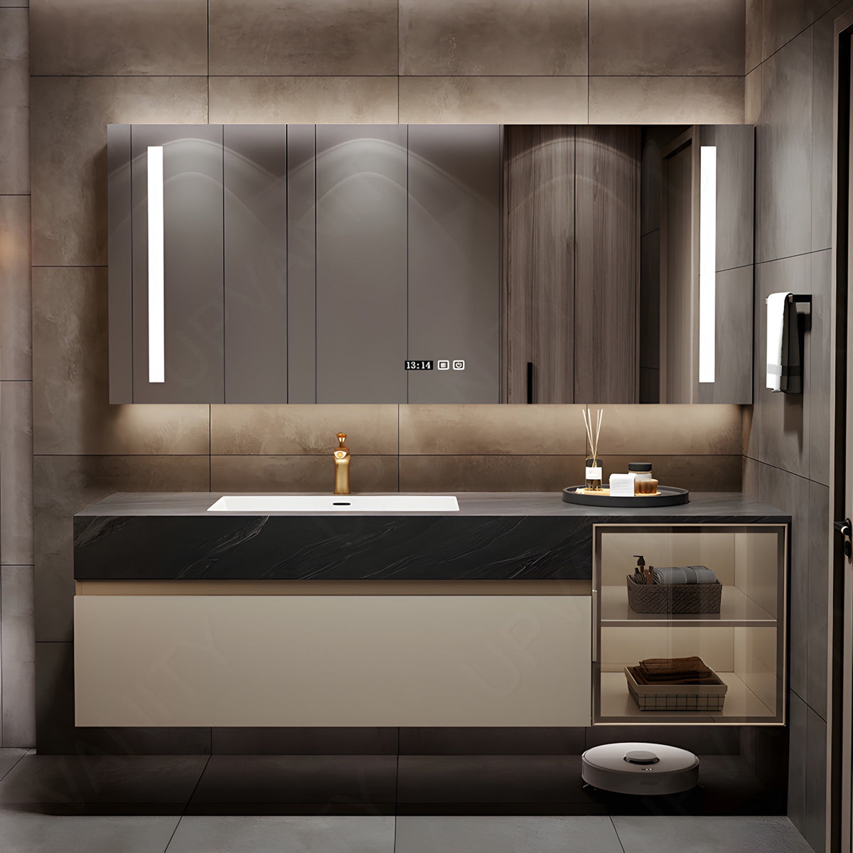Modern Bath Vanity Set, Beige, Black Marble Textured Top, Glass Door, 56"-78", Single, Floating, Smart LED Mirror, Rear Cabinet