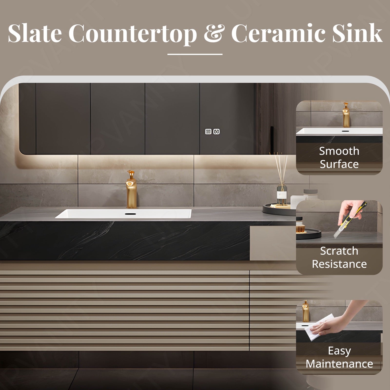 Modern Bath Vanity Set, Beige, Black Marble Textured Top, Striped Panel, 56"-78", Single, Floating, Smart LED Mirror