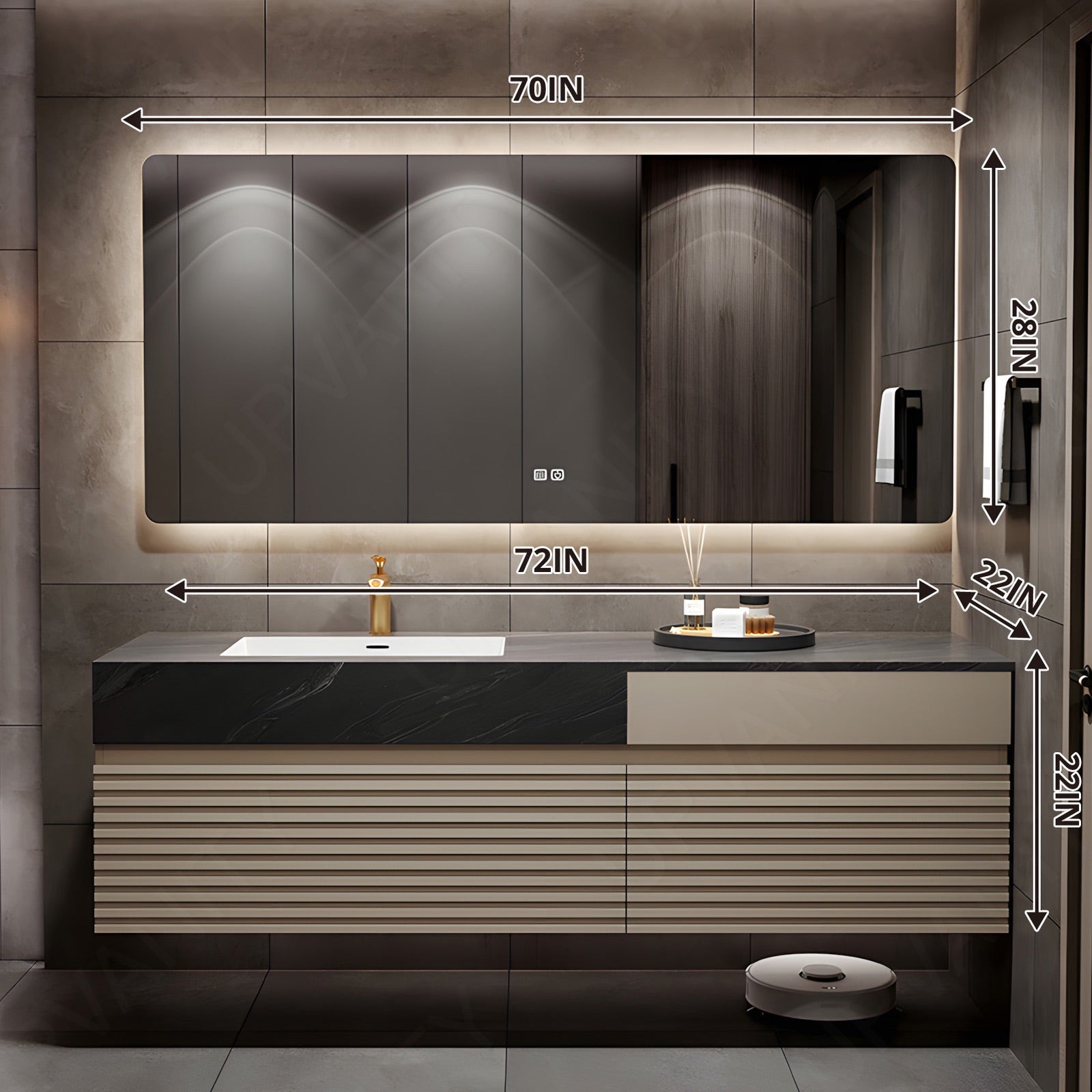 Modern Bath Vanity Set, Beige, Black Marble Textured Top, Striped Panel, 56"-78", Single, Floating, Smart LED Mirror