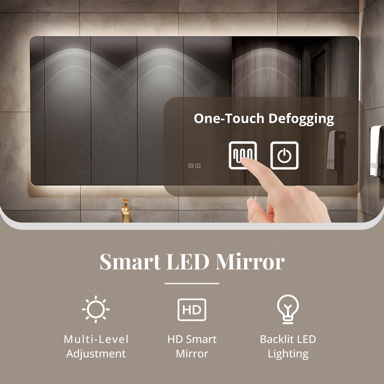 Modern Bath Vanity Set, Beige, Black Marble Textured Top, Striped Panel, 56"-78", Single, Floating, Smart LED Mirror