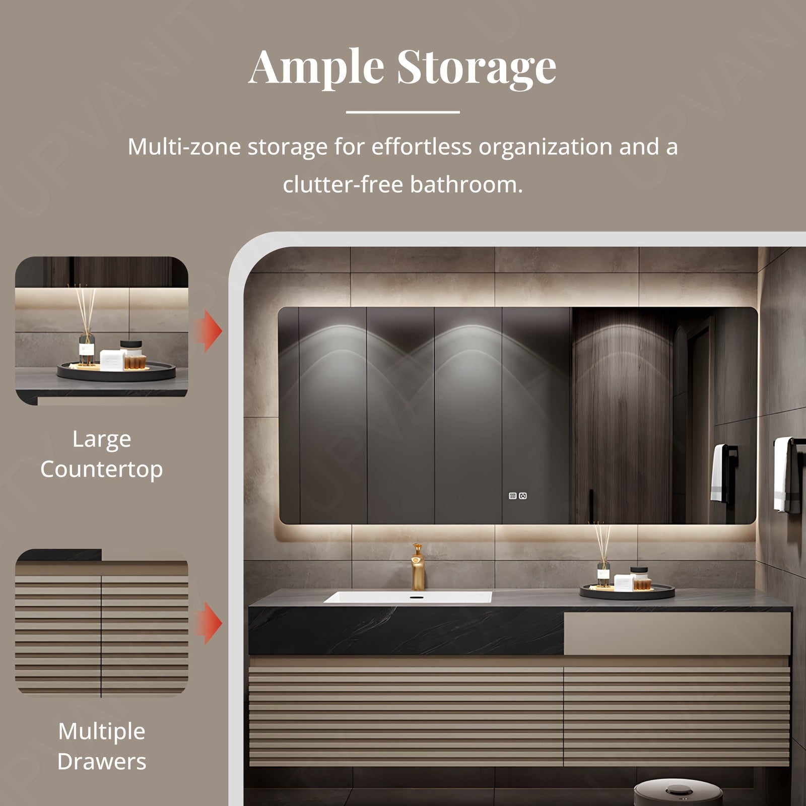 Modern Bath Vanity Set, Beige, Black Marble Textured Top, Striped Panel, 56"-78", Single, Floating, Smart LED Mirror