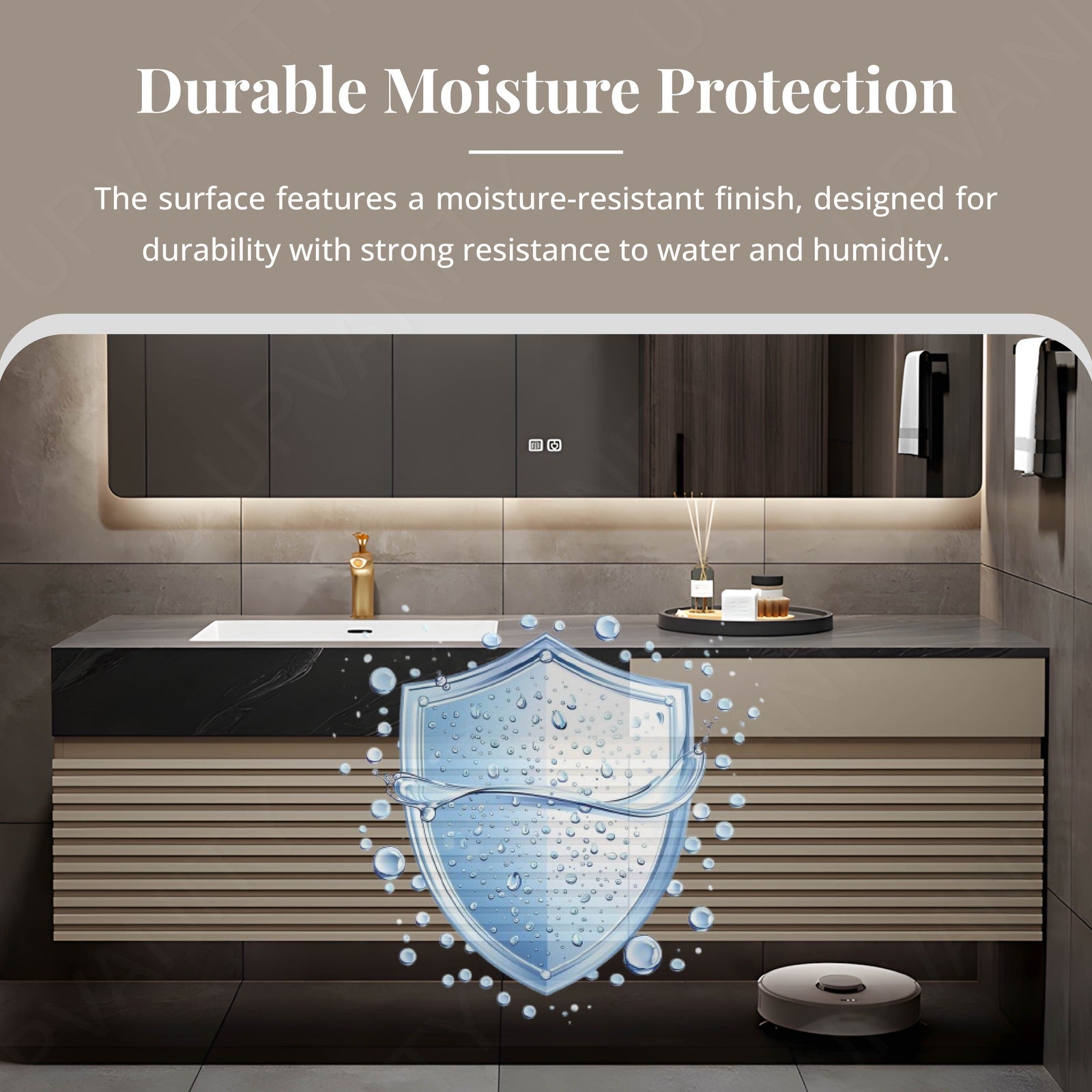 Modern Bath Vanity Set, Beige, Black Marble Textured Top, Striped Panel, 56"-78", Single, Floating, Smart LED Mirror