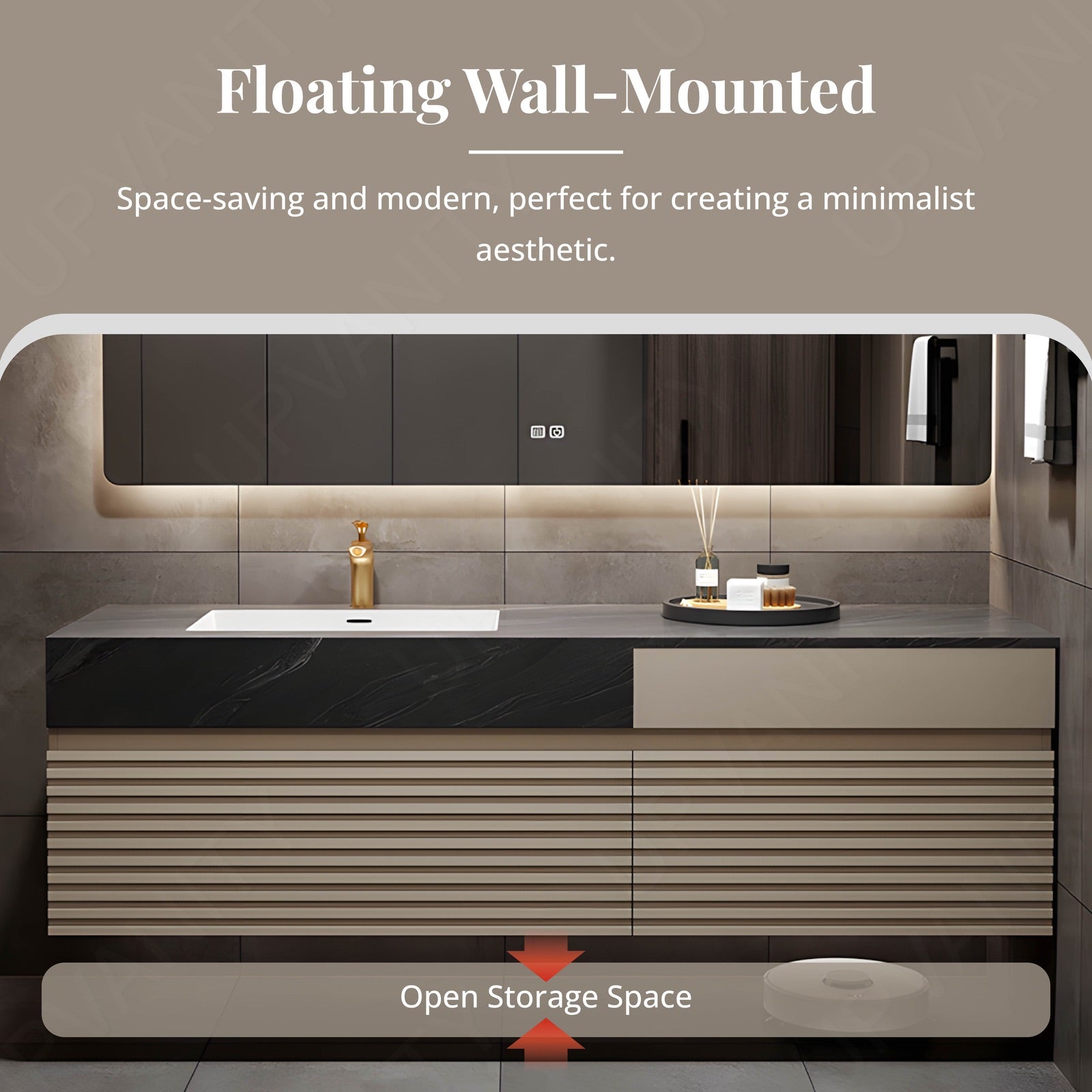 Modern Bath Vanity Set, Beige, Black Marble Textured Top, Striped Panel, 56"-78", Single, Floating, Smart LED Mirror