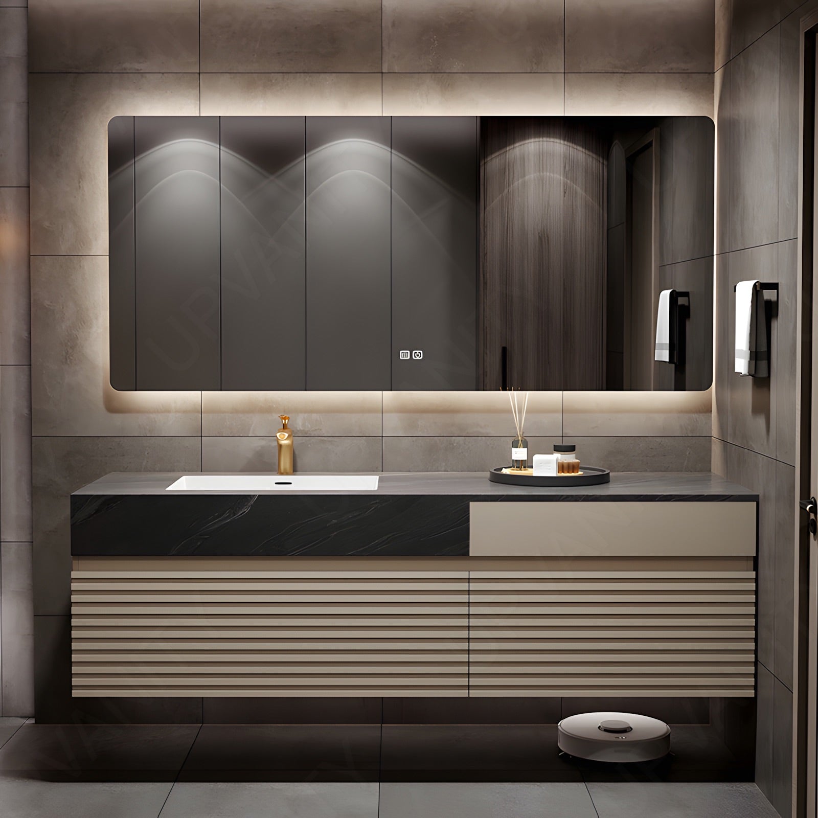 Modern Bath Vanity Set, Beige, Black Marble Textured Top, Striped Panel, 56"-78", Single, Floating, Smart LED Mirror