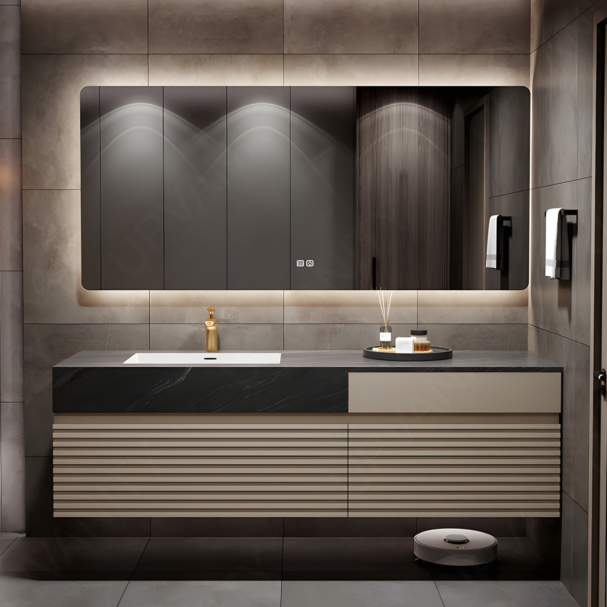 Modern Bath Vanity Set, Beige, Black Marble Textured Top, Striped Panel, 56"-78", Single, Floating, Smart LED Mirror