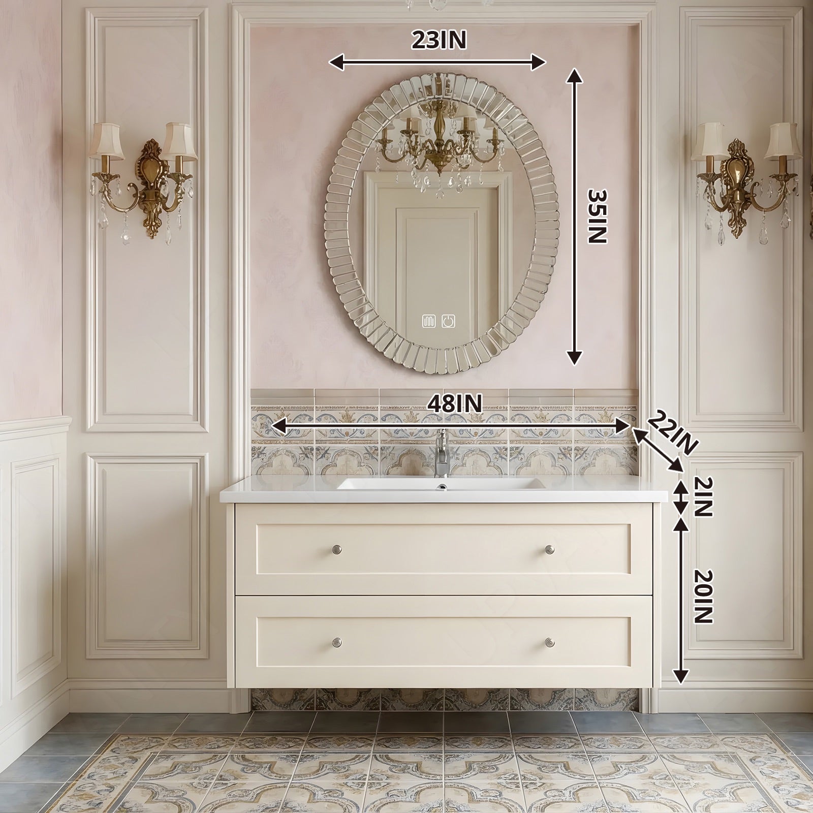 Modern Bath Vanity Set, Beige, Classic Panel, 40"- 60", Single, Floating, Aesthetic, Oval Smart LED Mirror