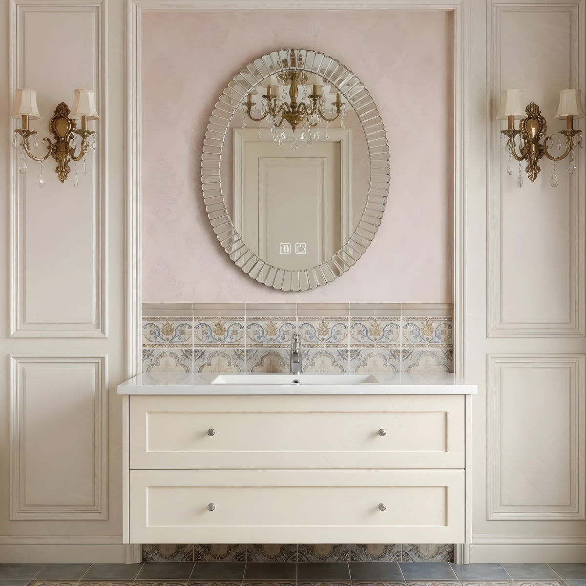 Modern Bath Vanity Set, Beige, Classic Panel, 40"- 60", Single, Floating, Aesthetic, Oval Smart LED Mirror