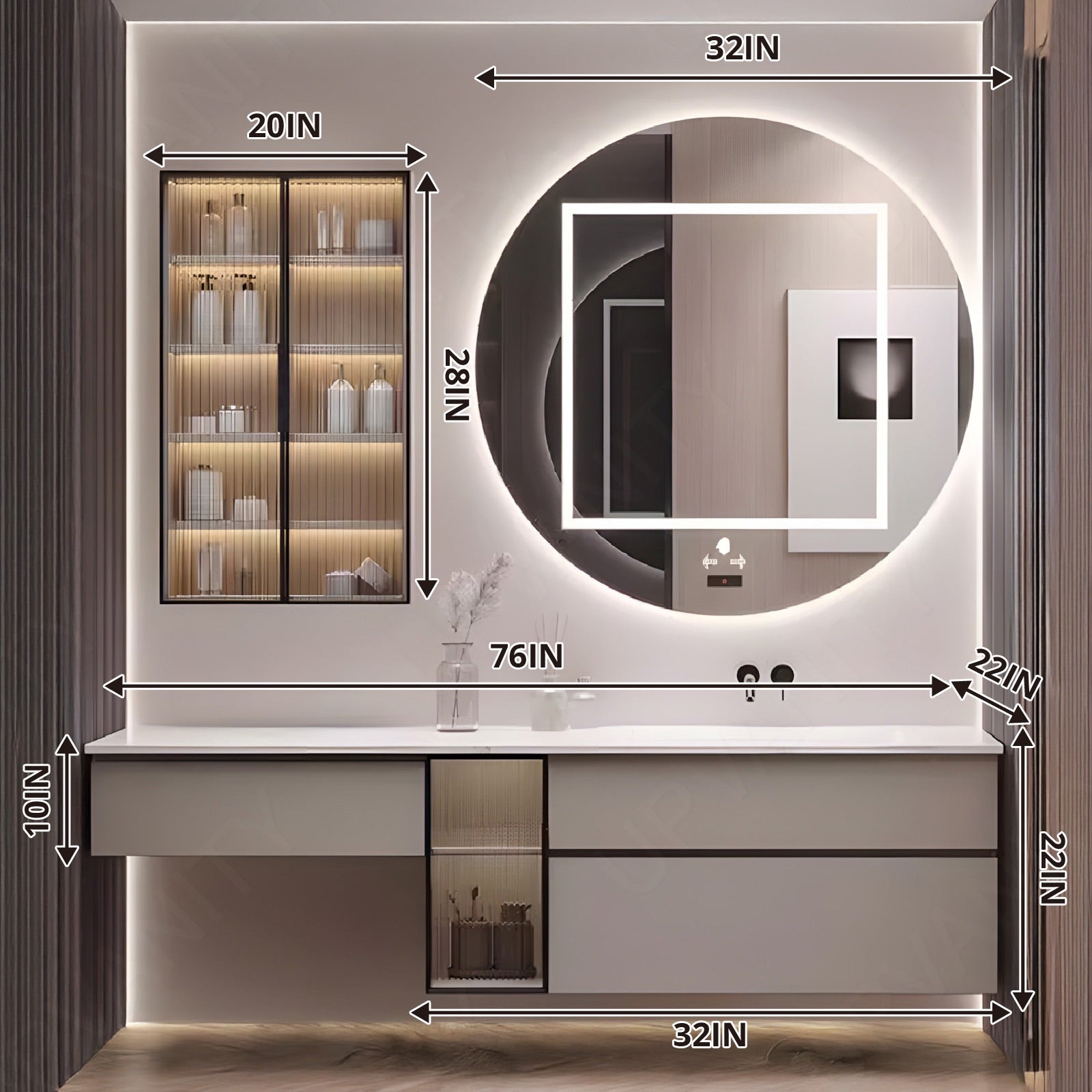 Modern Bath Vanity Set, Beige, Classic Panel, 52"-78", Single, Floating, Glass Door, Smart LED Mirror, Side Cabinet