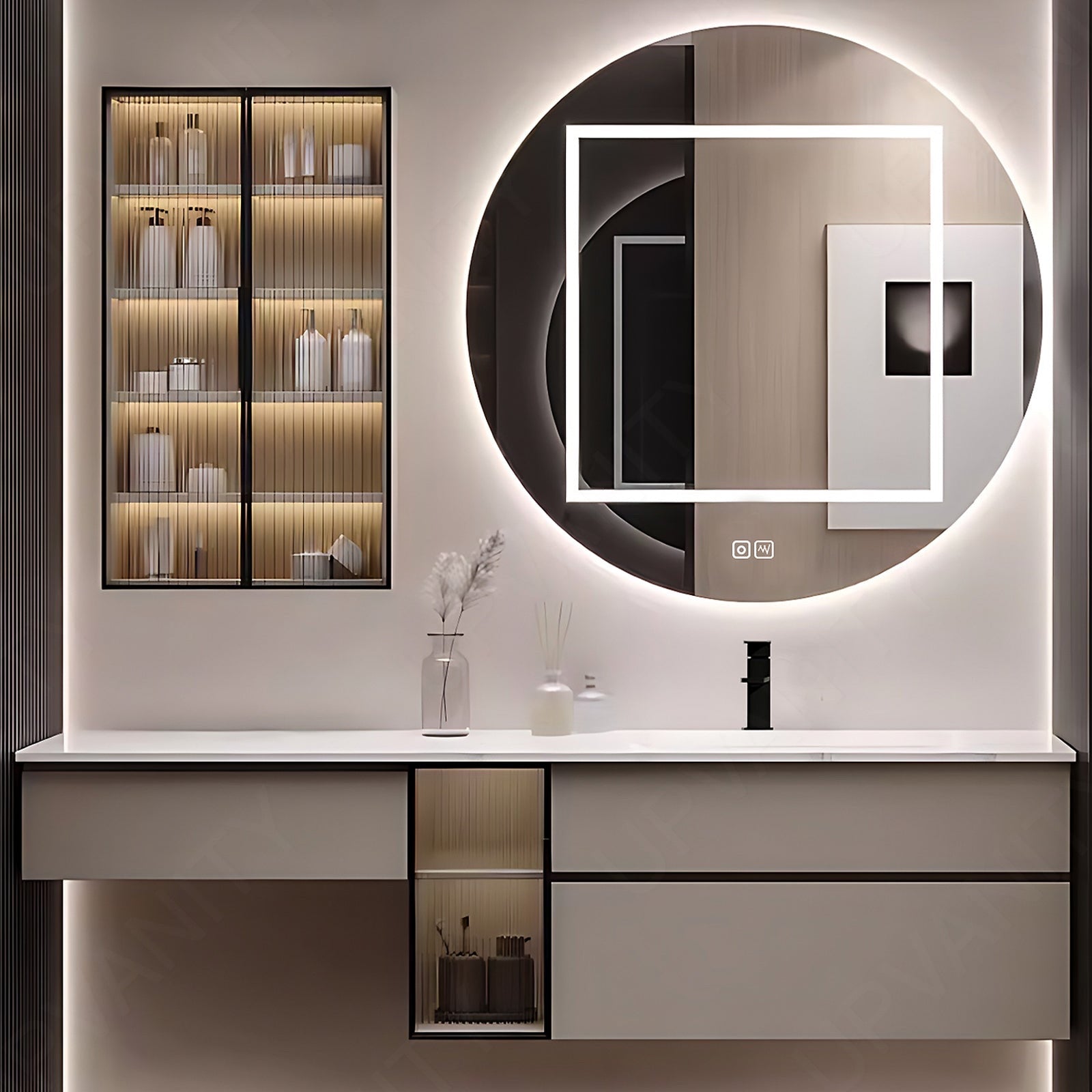 Modern Bath Vanity Set, Beige, Classic Panel, 52"-78", Single, Floating, Glass Door, Smart LED Mirror, Side Cabinet