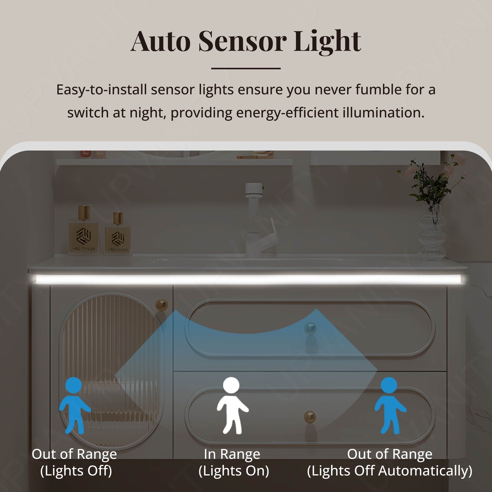 Modern Bath Vanity Set, Beige, Glass Door, 36"-48", Single, Floating, Sensor Light, Round Smart LED Mirror, Side Cabinet