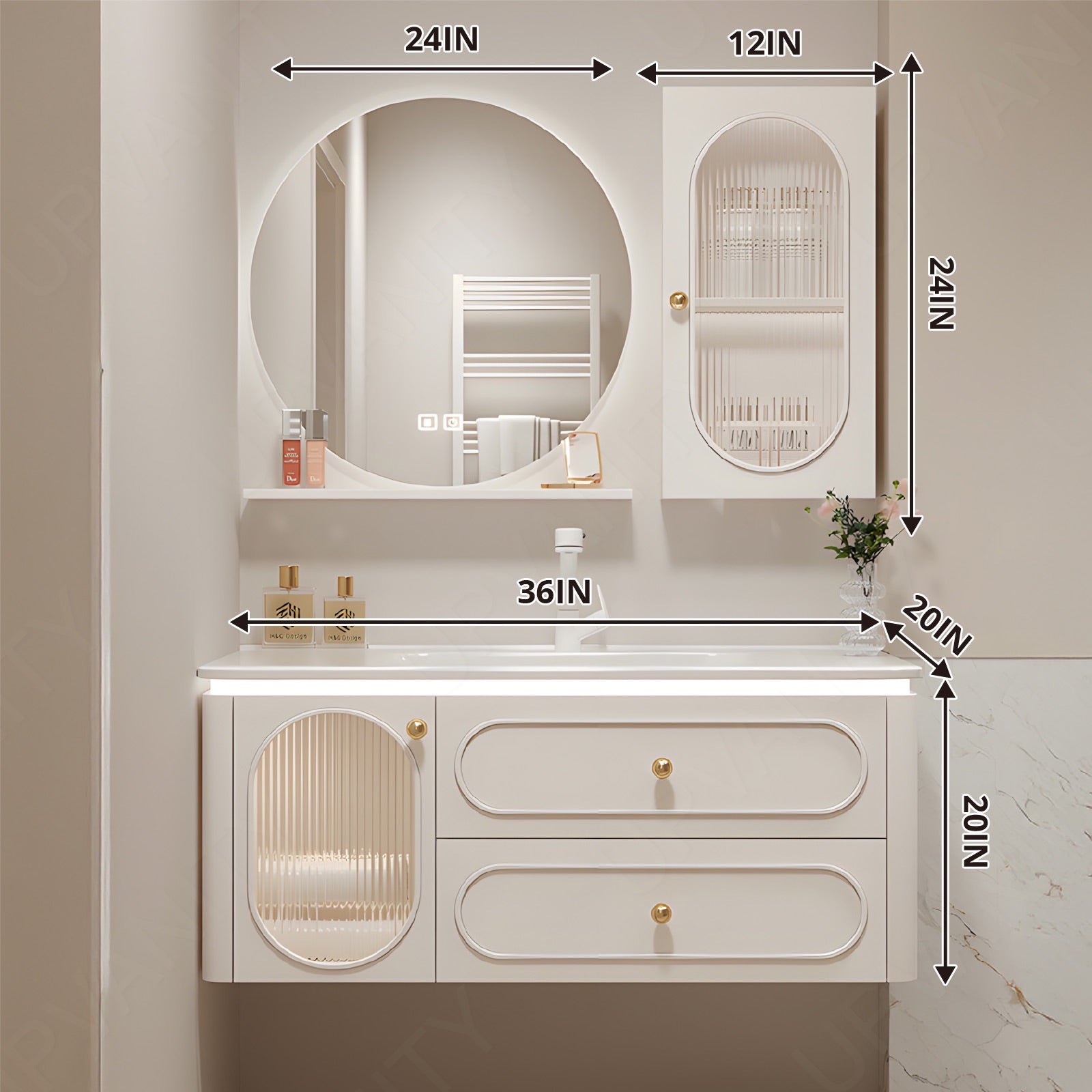 Modern Bath Vanity Set, Beige, Glass Door, 36"-48", Single, Floating, Sensor Light, Round Smart LED Mirror, Side Cabinet
