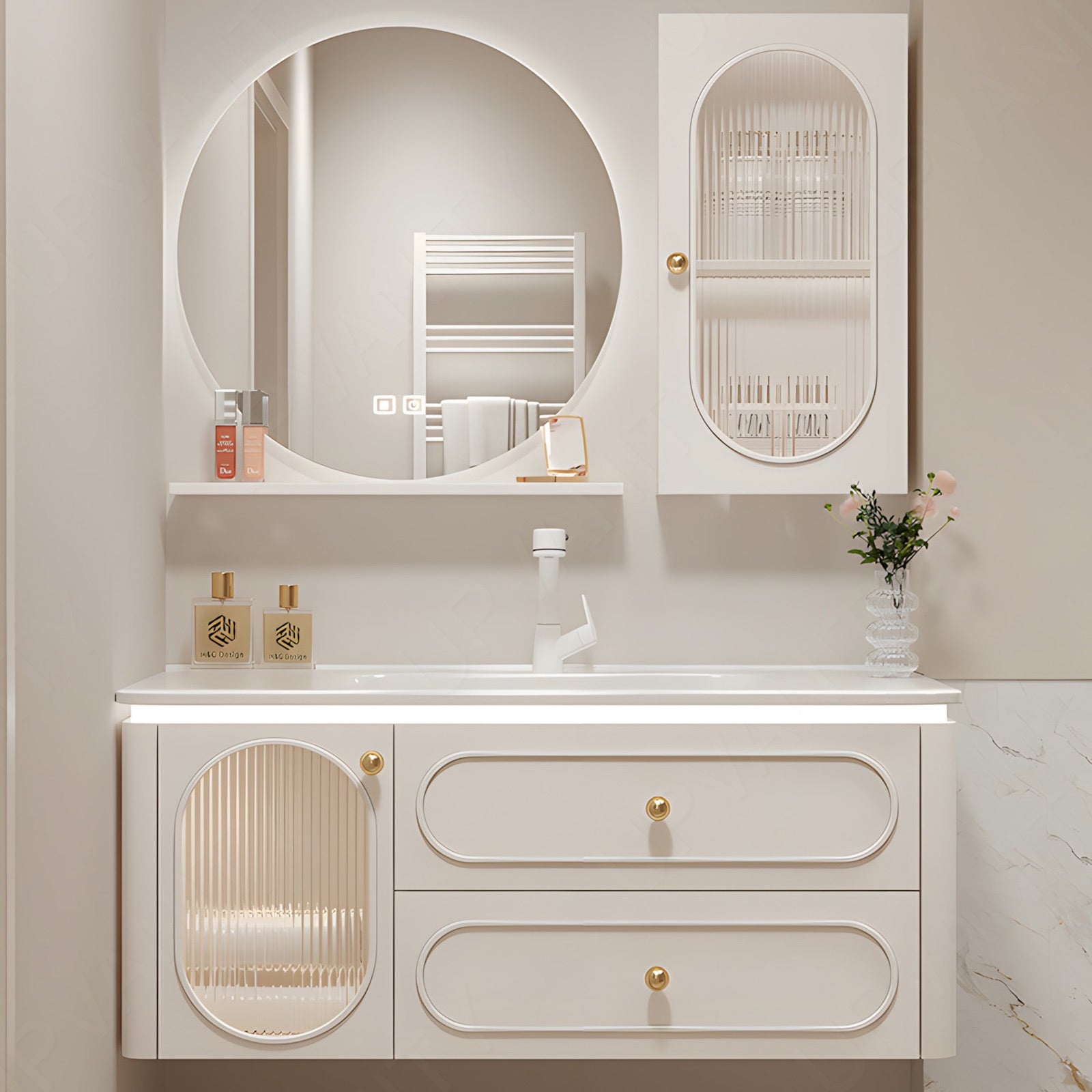 Modern Bath Vanity Set, Beige, Glass Door, 36"-48", Single, Floating, Sensor Light, Round Smart LED Mirror, Side Cabinet
