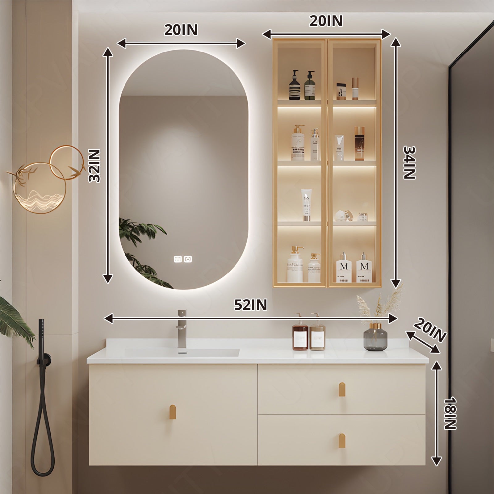 Modern Bath Vanity Set, Beige, Gold Accents, 32"-64", Single, Floating, Smart LED Mirror, Side Cabinet
