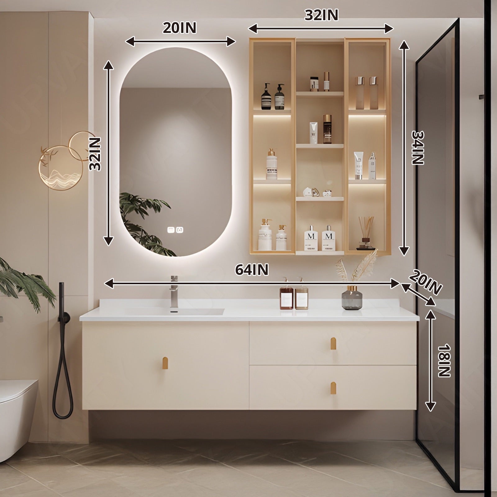 Modern Bath Vanity Set, Beige, Gold Accents, 32"-64", Single, Floating, Smart LED Mirror, Side Cabinet
