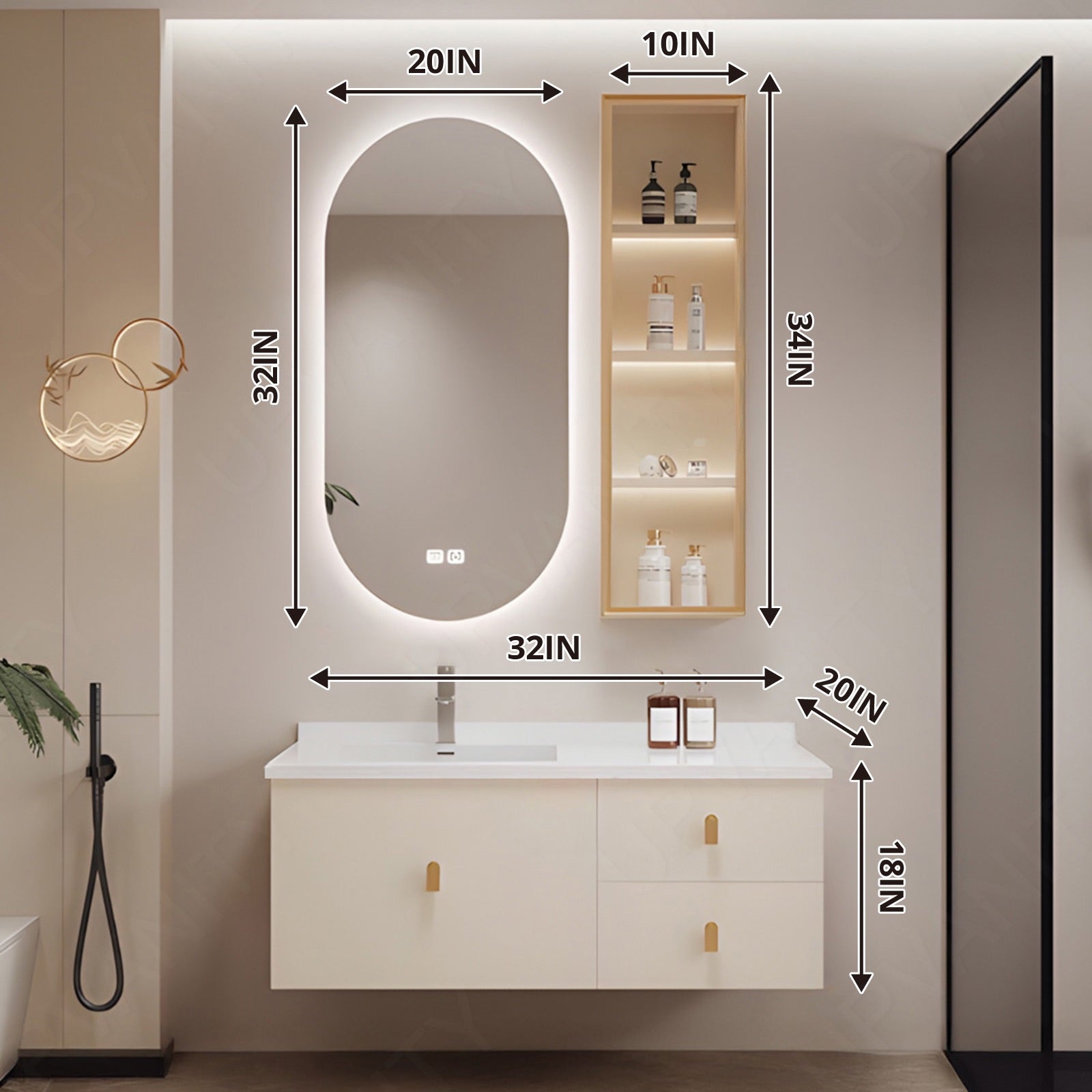 Modern Bath Vanity Set, Beige, Gold Accents, 32"-64", Single, Floating, Smart LED Mirror, Side Cabinet