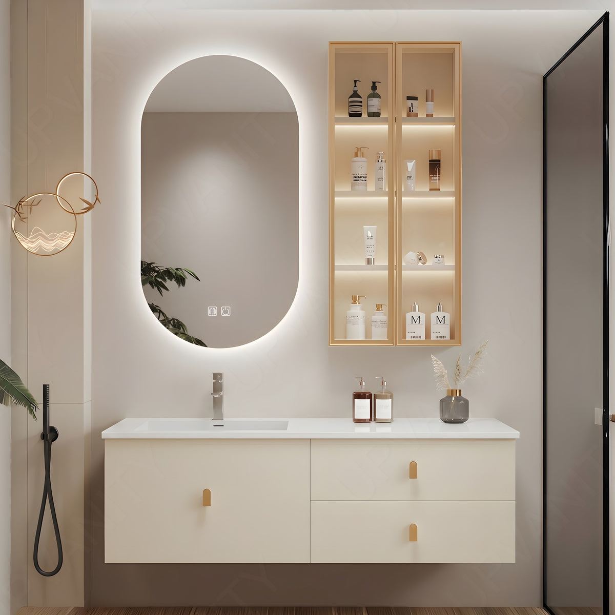 Modern Bath Vanity Set, Beige, Gold Accents, 32"-64", Single, Floating, Smart LED Mirror, Side Cabinet