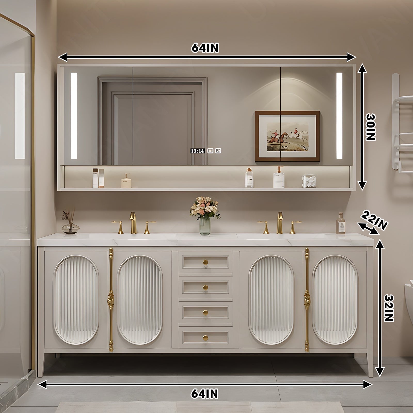 Modern Bath Vanity Set, Beige, Gold Accents, 36"- 78", Double/Single, Freestanding, Glass Door, Smart LED Mirror, Rear Cabinet