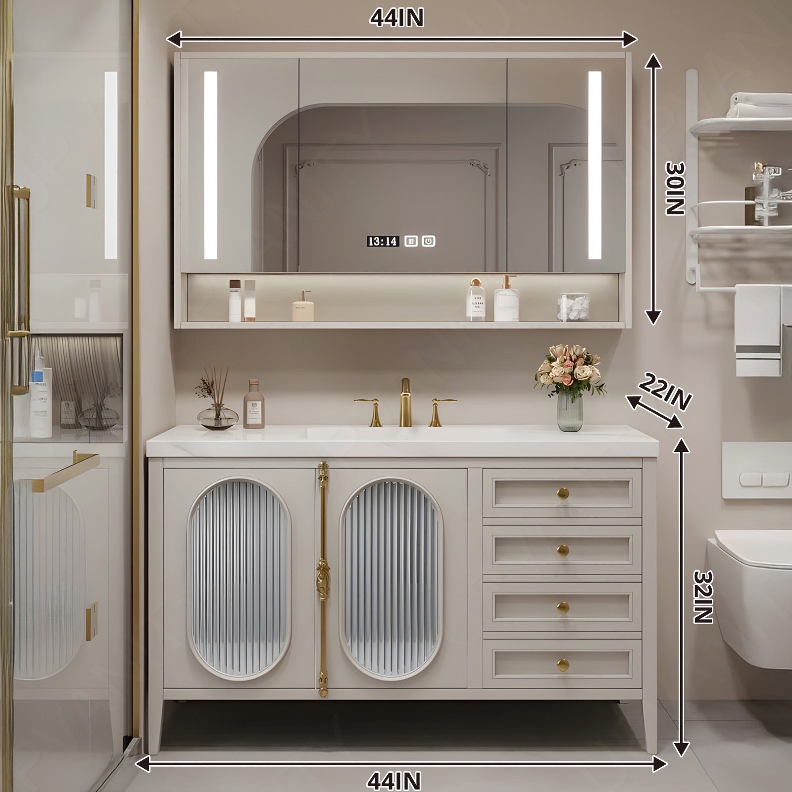 Modern Bath Vanity Set, Beige, Gold Accents, 36"- 78", Double/Single, Freestanding, Glass Door, Smart LED Mirror, Rear Cabinet