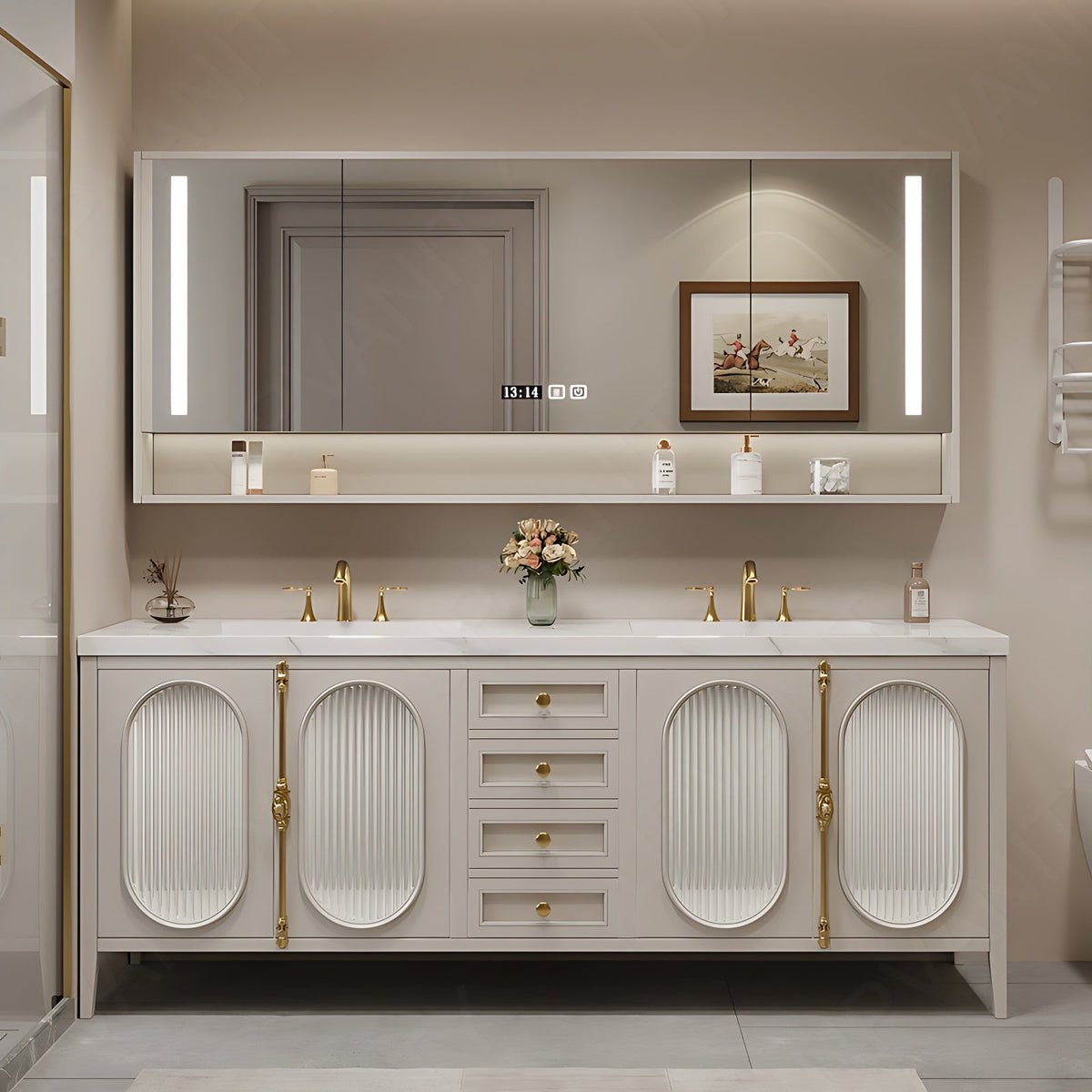 Modern Bath Vanity Set, Beige, Gold Accents, 36"- 78", Double/Single, Freestanding, Glass Door, Smart LED Mirror, Rear Cabinet