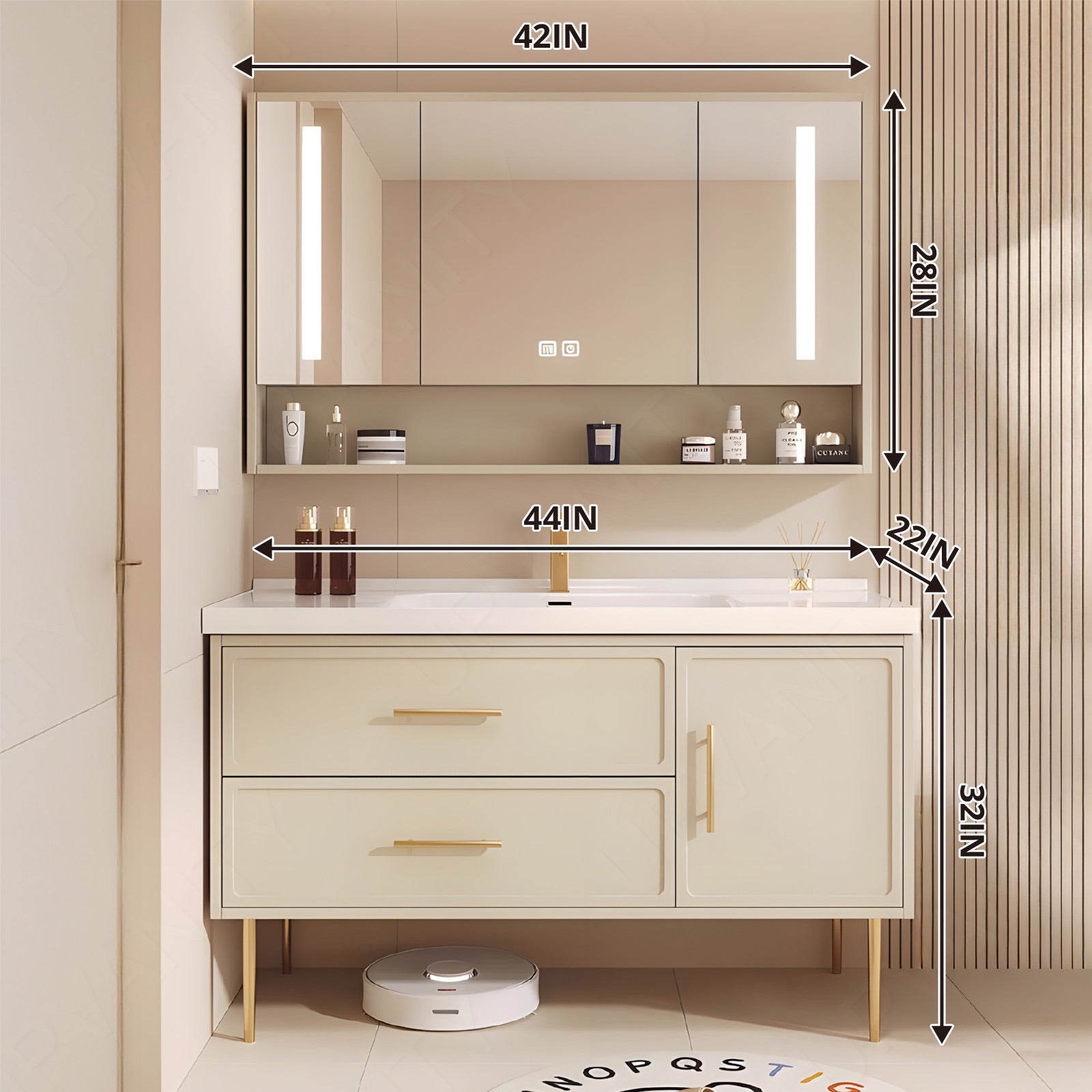 Modern Bath Vanity Set, Beige, Gold Accents, 40"-64", Single, Freestanding, Smart LED Mirror, Rear Cabinet