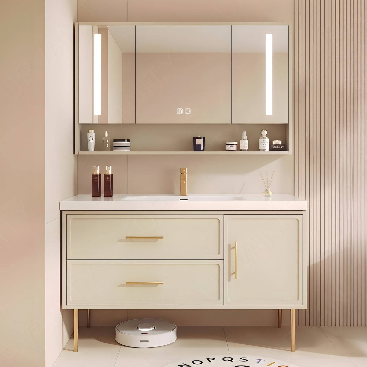 Modern Bath Vanity Set, Beige, Gold Accents, 40"-64", Single, Freestanding, Smart LED Mirror, Rear Cabinet