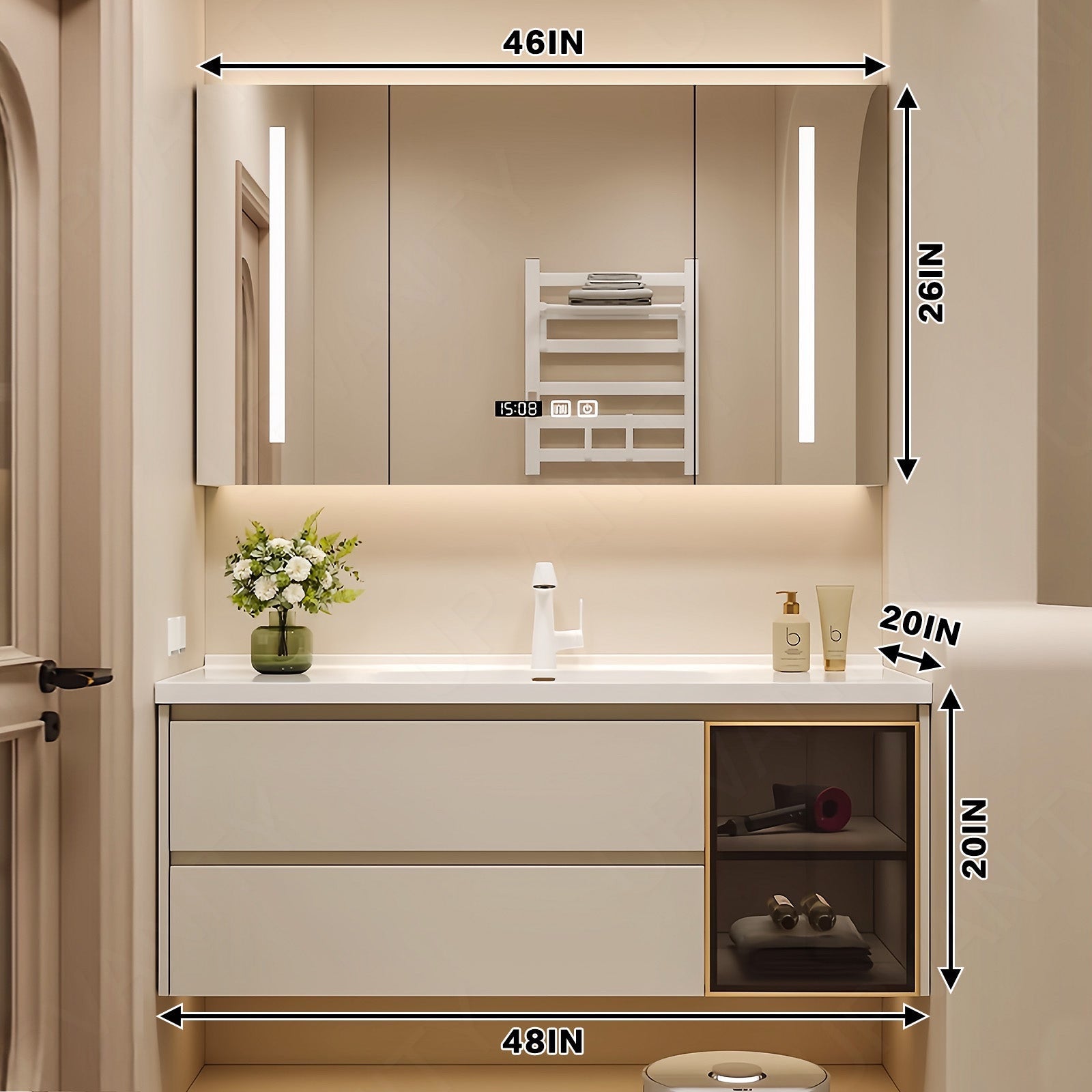 Modern Bath Vanity Set, Beige, Gold Accents, Glass Door, 36"- 64", Single, Floating, Smart LED Mirror, Rear Cabinet