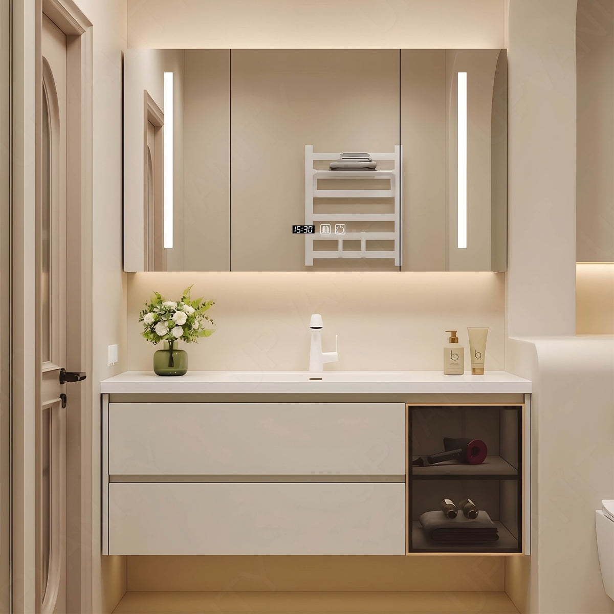 Modern Bath Vanity Set, Beige, Gold Accents, Glass Door, 36"- 64", Single, Floating, Smart LED Mirror, Rear Cabinet