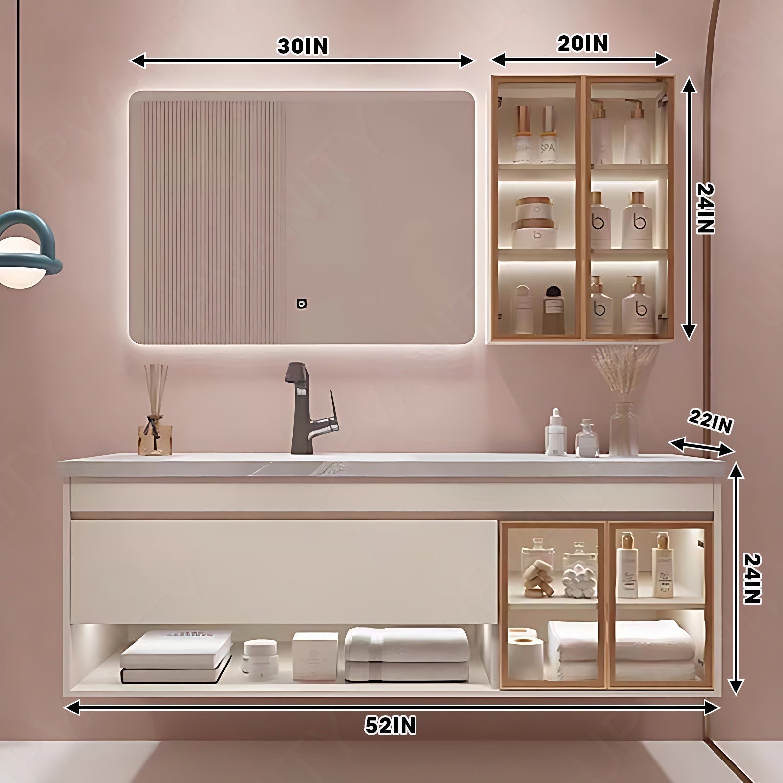 Modern Bath Vanity Set, Beige, Gray Marble Textured Top, 36"- 60", Single, Floating, Glass Door, Smart LED Mirror, Side Cabinet